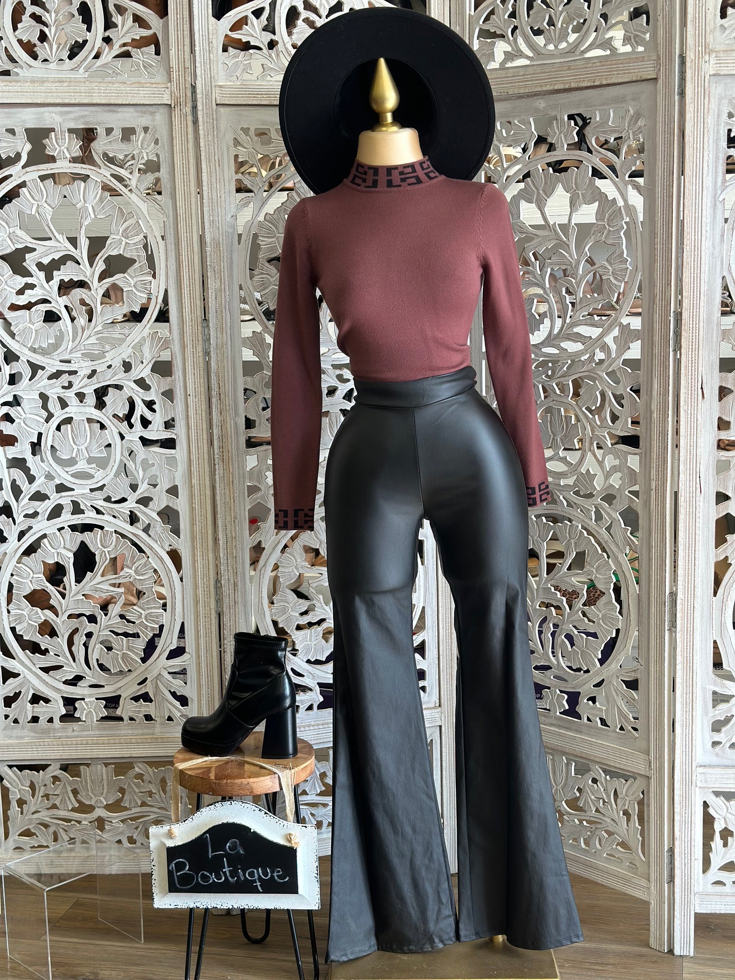 Black Faux Leather Flare Pants-Stretchy