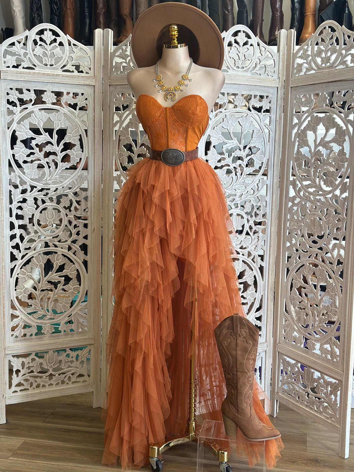 Coral Corset Ruffle Maxi Dress- Stretchy,Estira