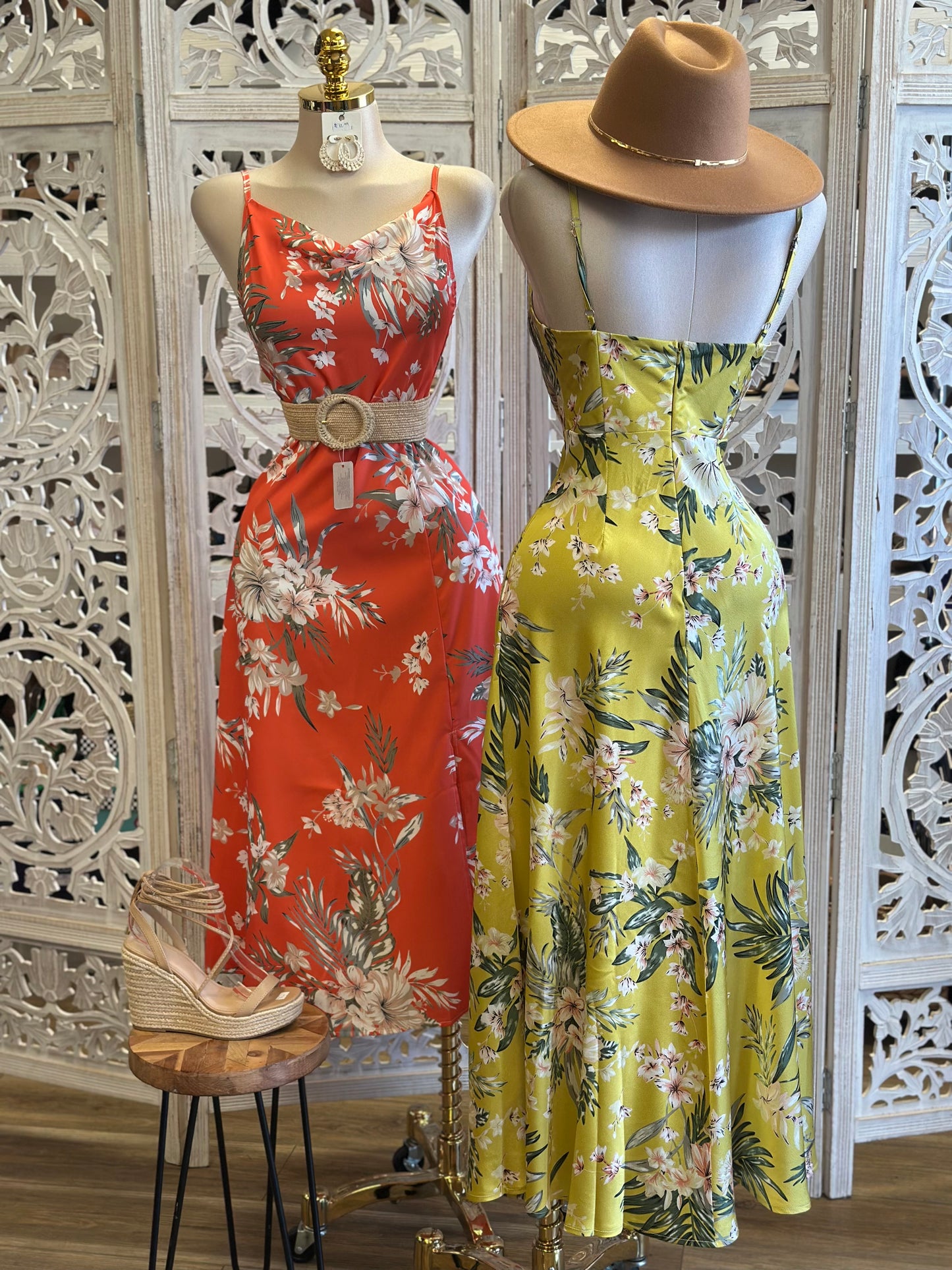 Satin Floral Midi Dress - No Estira, Not Stretchy