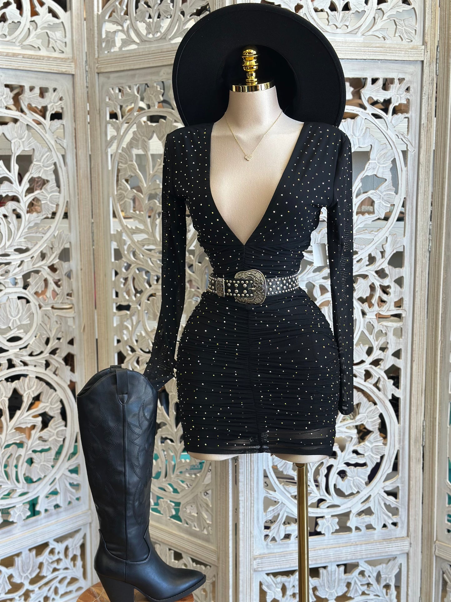 Deep V Rhinestone Bodycon Dress- Stretchy, Estira