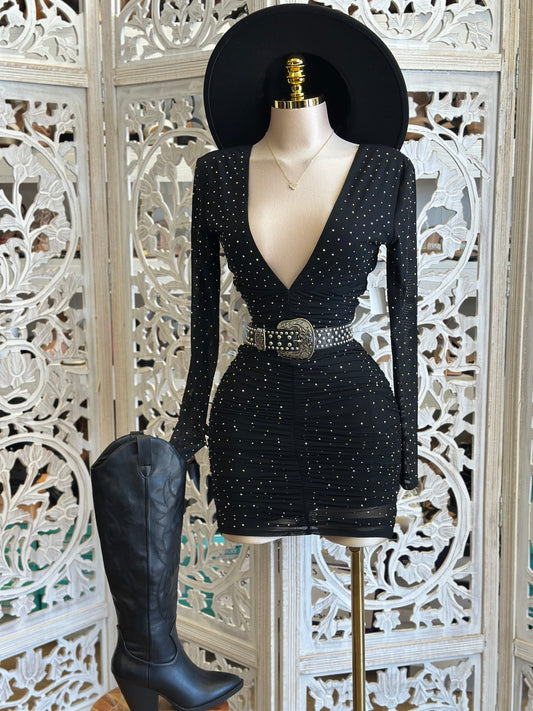 Deep V Rhinestone Bodycon Dress- Stretchy, Estira