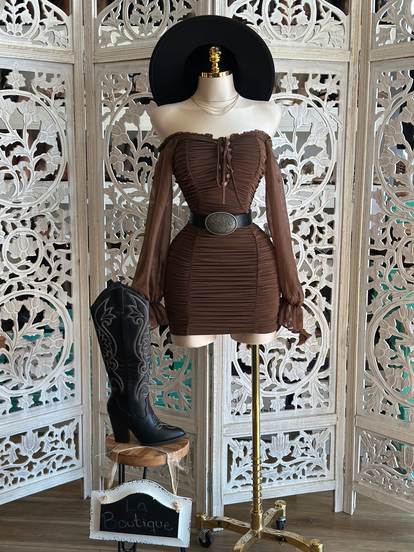Brown Ruched Bell Sleeve Mini Dress- Stretchy,Estira