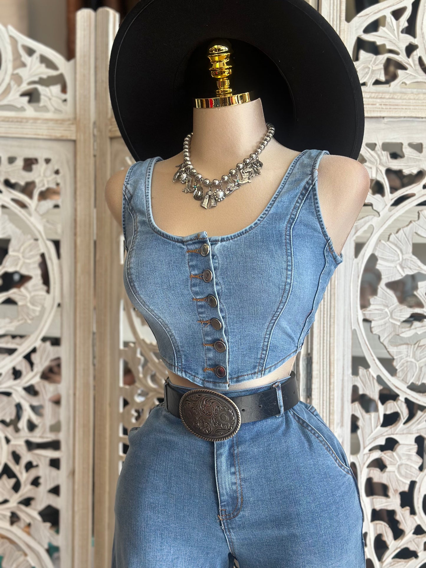Denim Vest and Bell Bottom Set - Stretchy, Estira