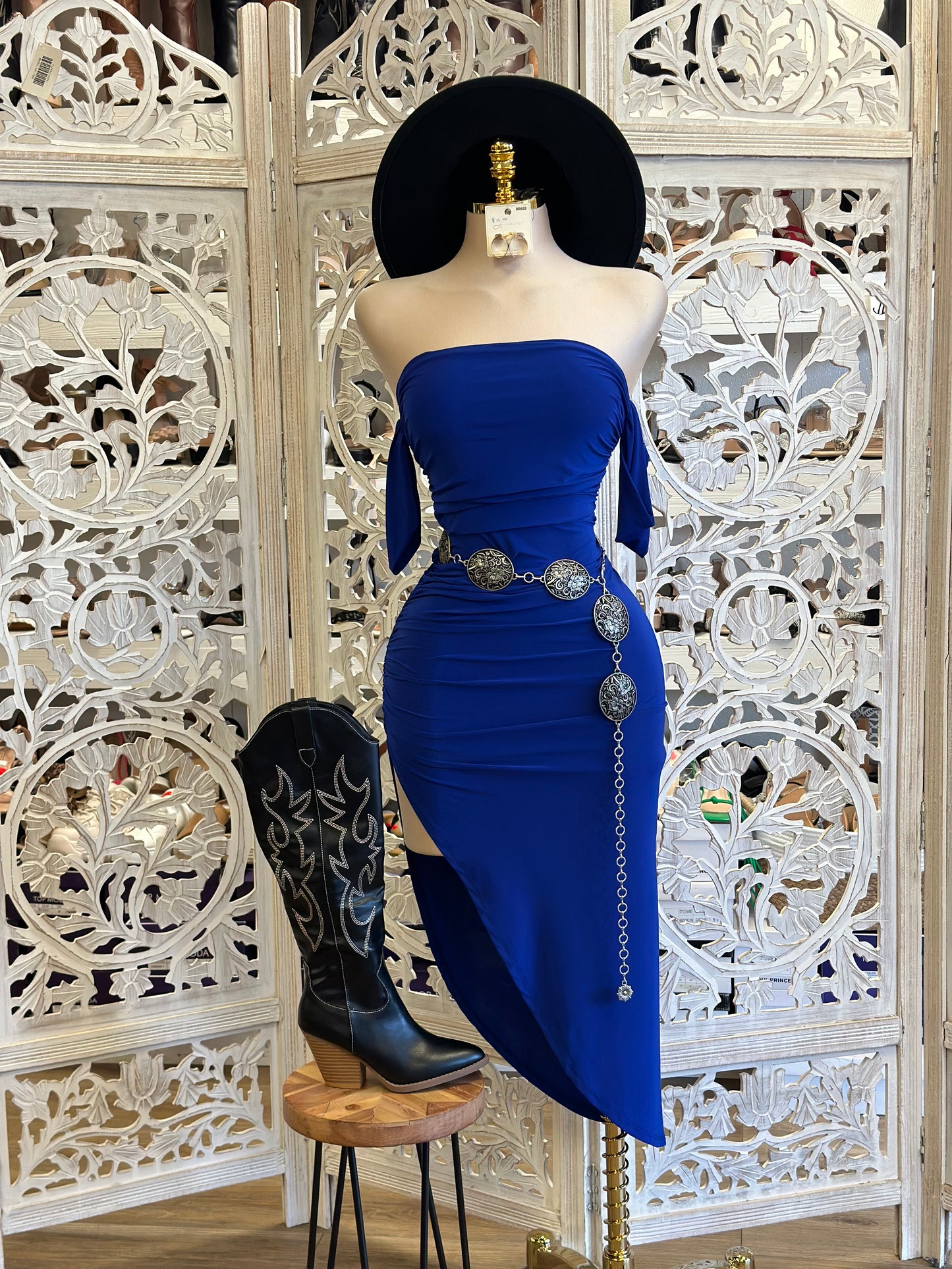 Royal Blue Off Shoulder Midi Slit Dress - Estira, Stretchy