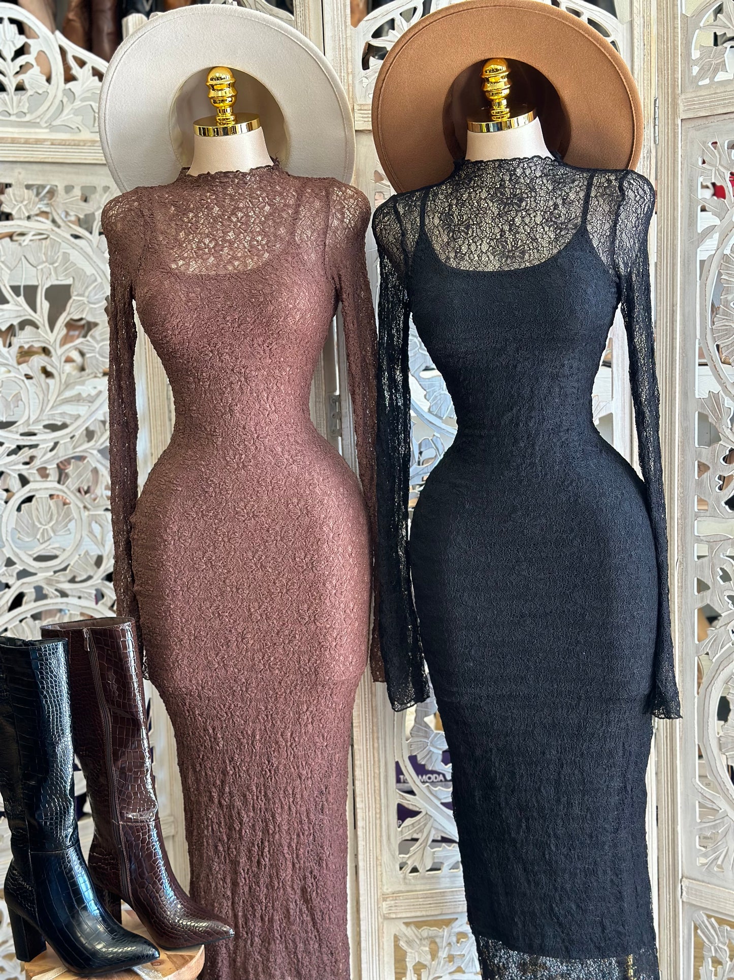 Lace Maxi Long Sleeve Dress- Stretchy,Estira