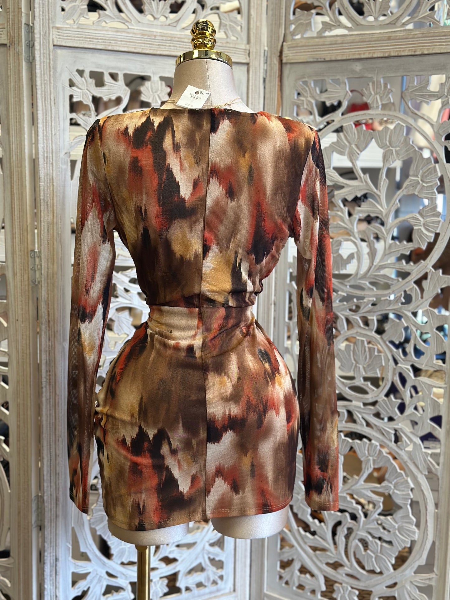 Abstract Print Deep V Mini Dress -  Estira, Stretchy