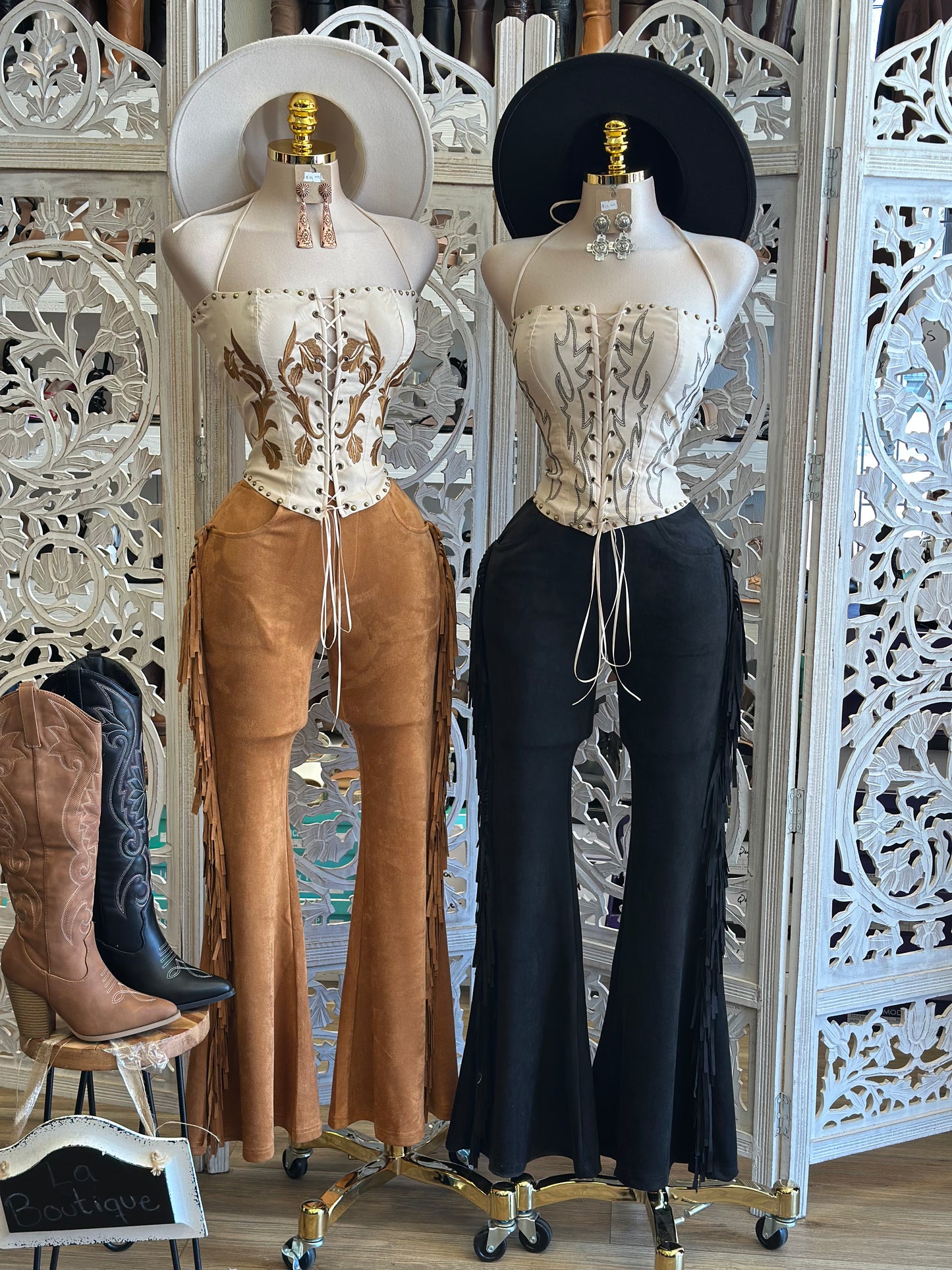 Suede Fringe Flare Pants - Estira, Stretchy