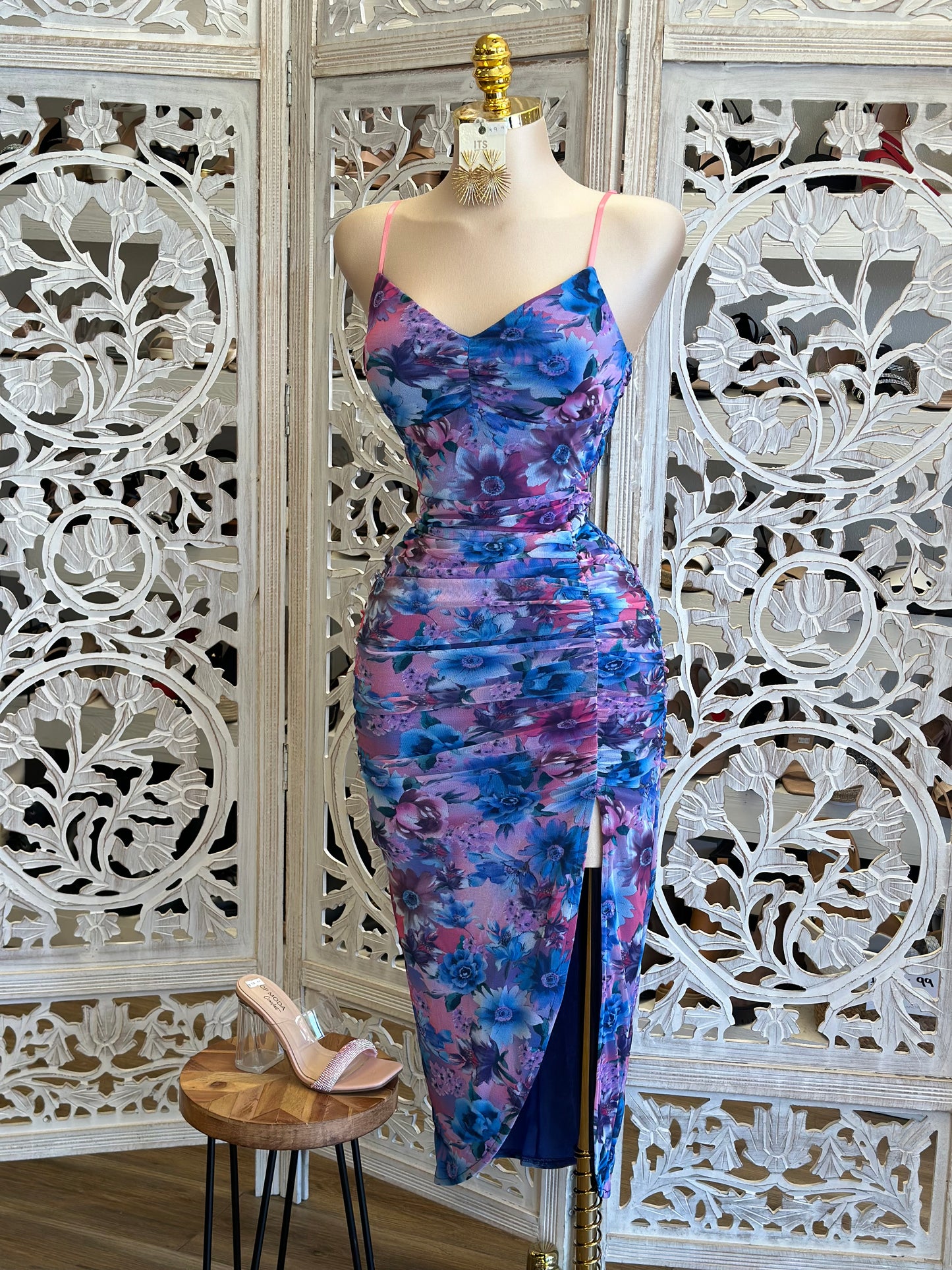 Purple Floral Midi Ruched Dress- Estira, Stretchy