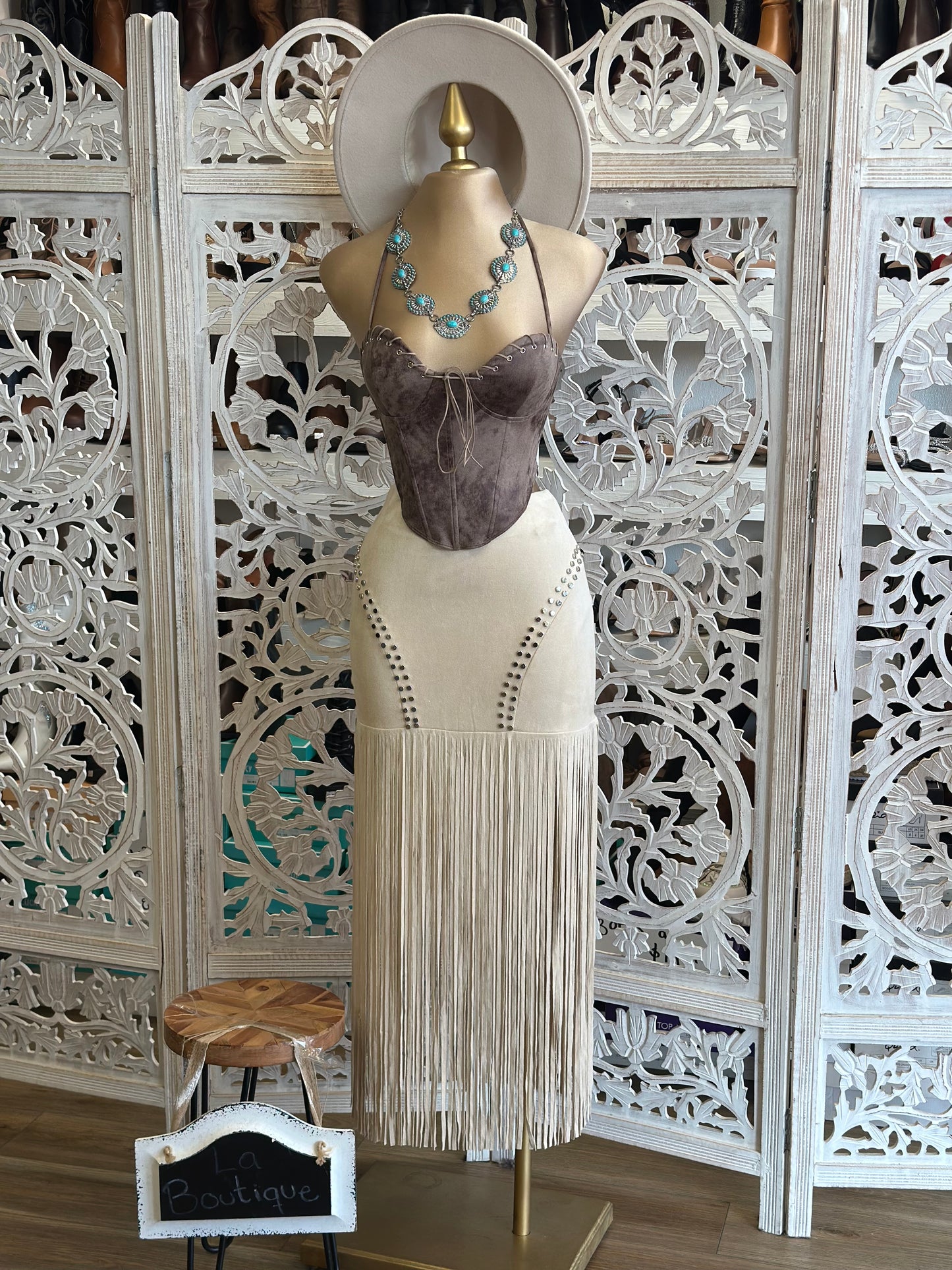 Suede Fringe Midi Skirt-Estira, Stretchy