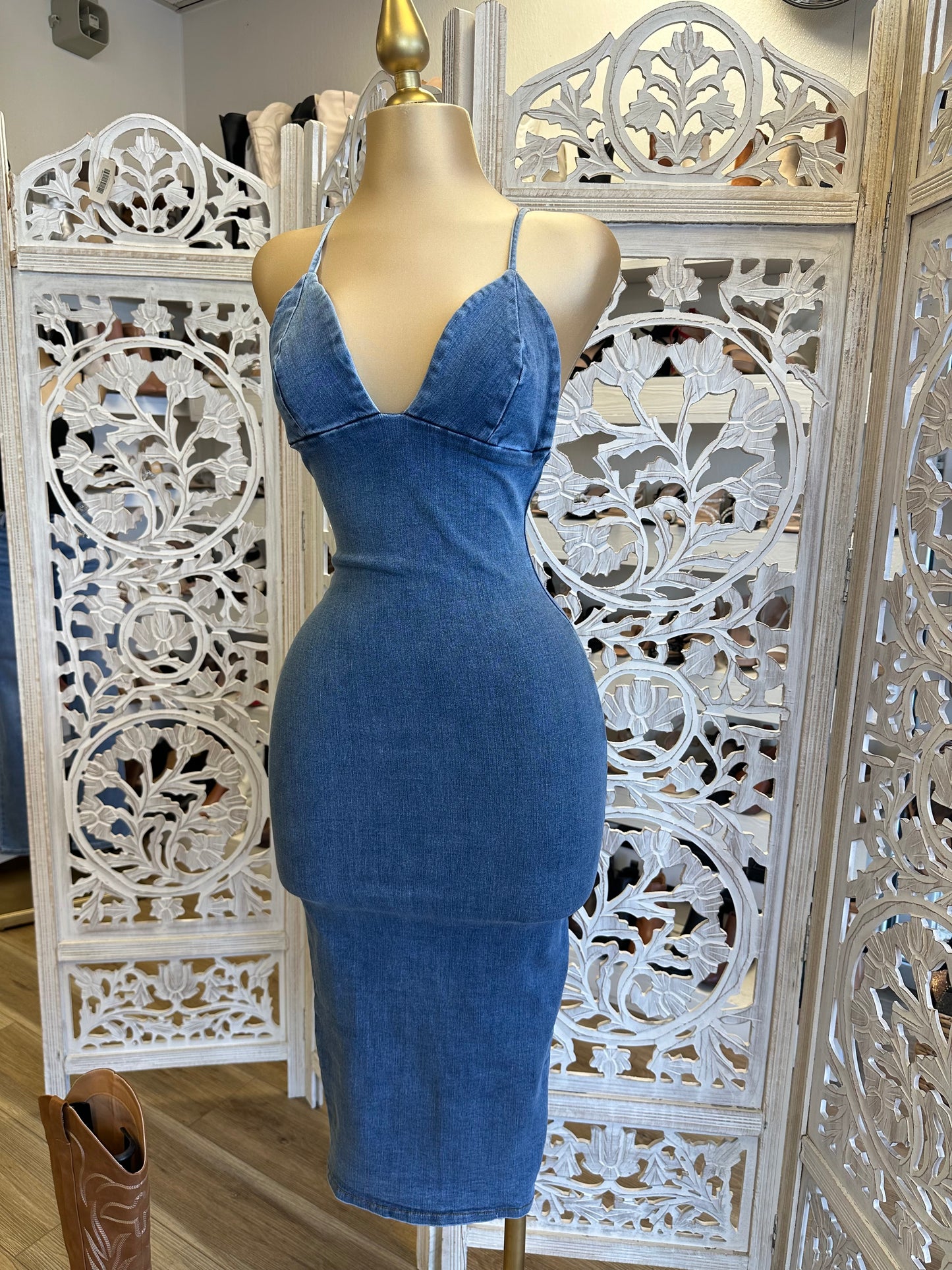 Denim Heart Cross Back Dress- Stretchy