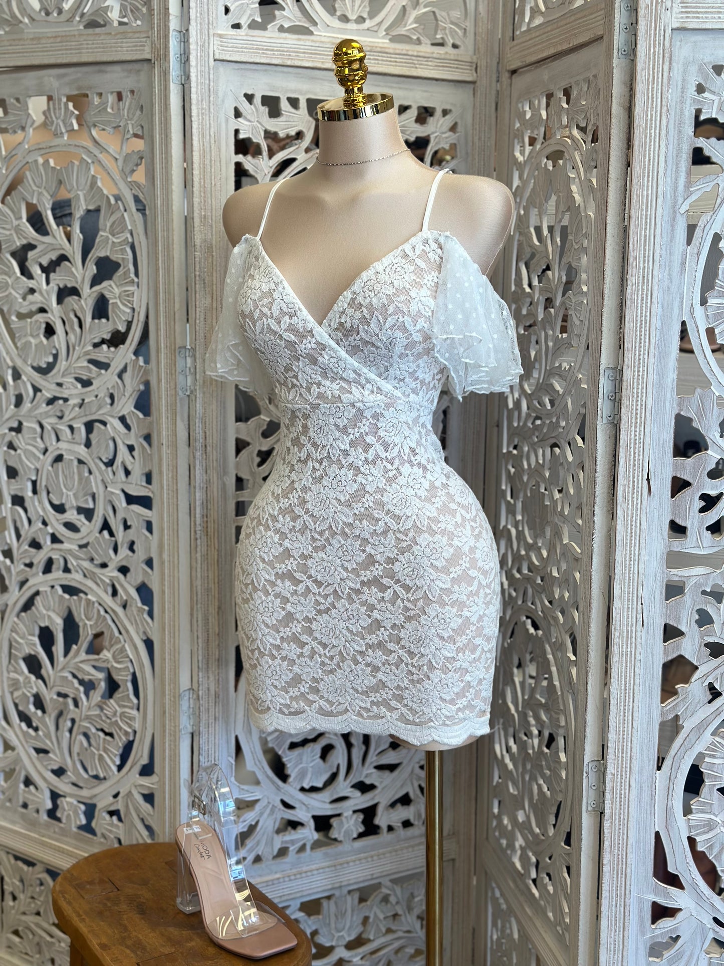 Cross Front Lace Mini Dress- Stretchy, Estira