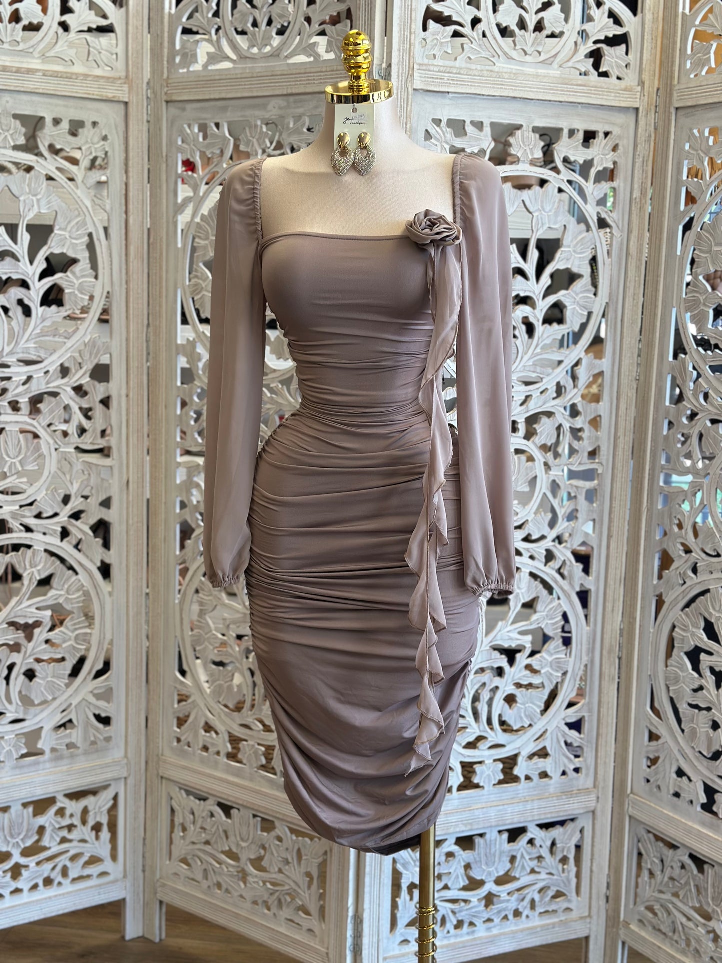 Taupe Floral Detail Midi Dress- super Stretchy ,