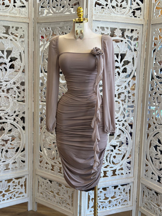 Taupe Floral Detail Midi Dress- super Stretchy ,