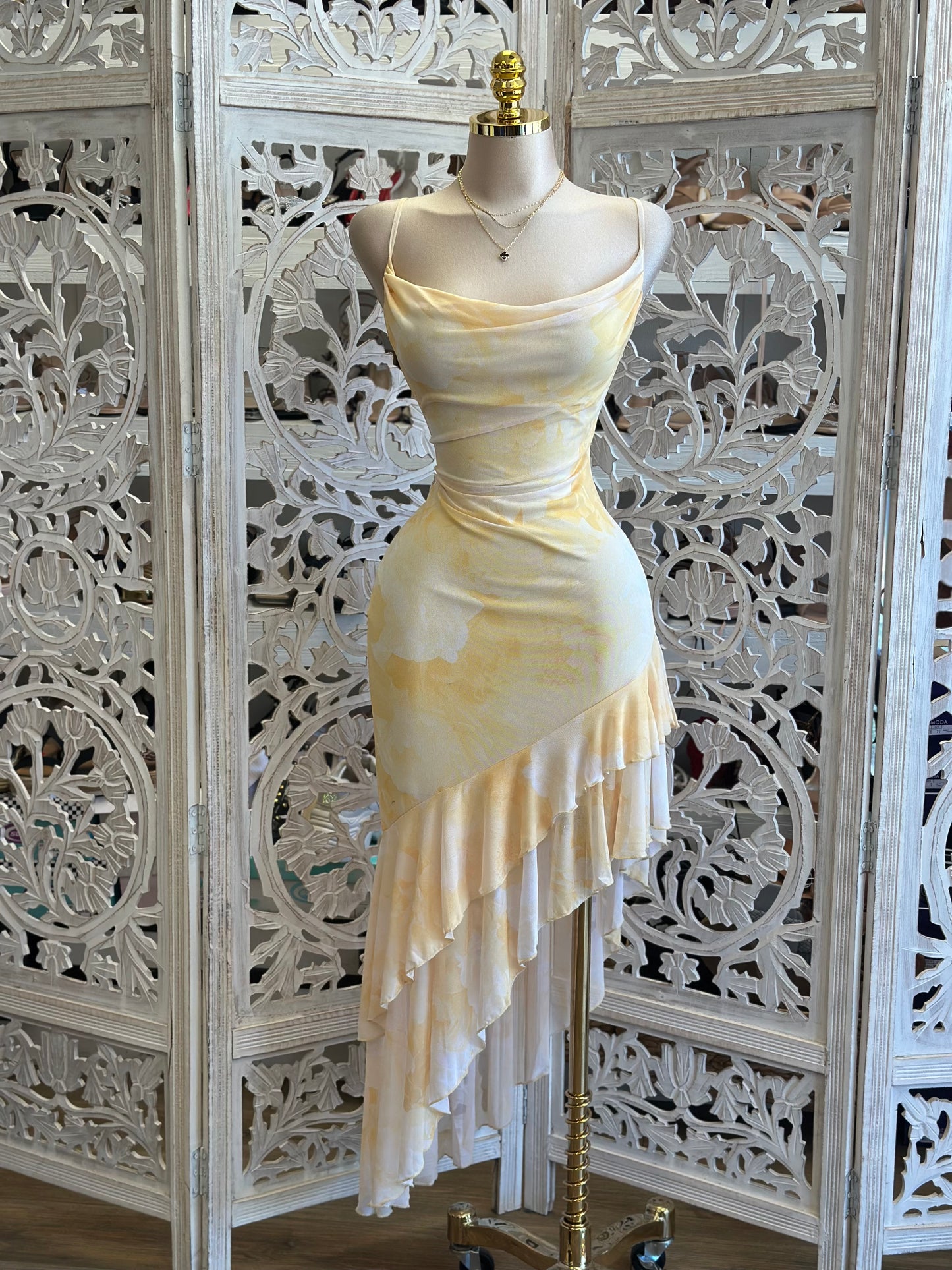Yellow Print Asymmetrical Dress-Estira, Stretchy