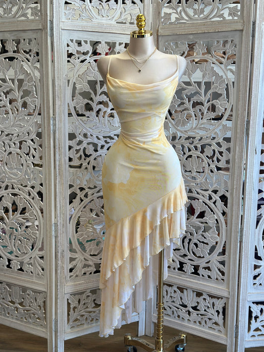 Yellow Print Asymmetrical Dress-Estira, Stretchy