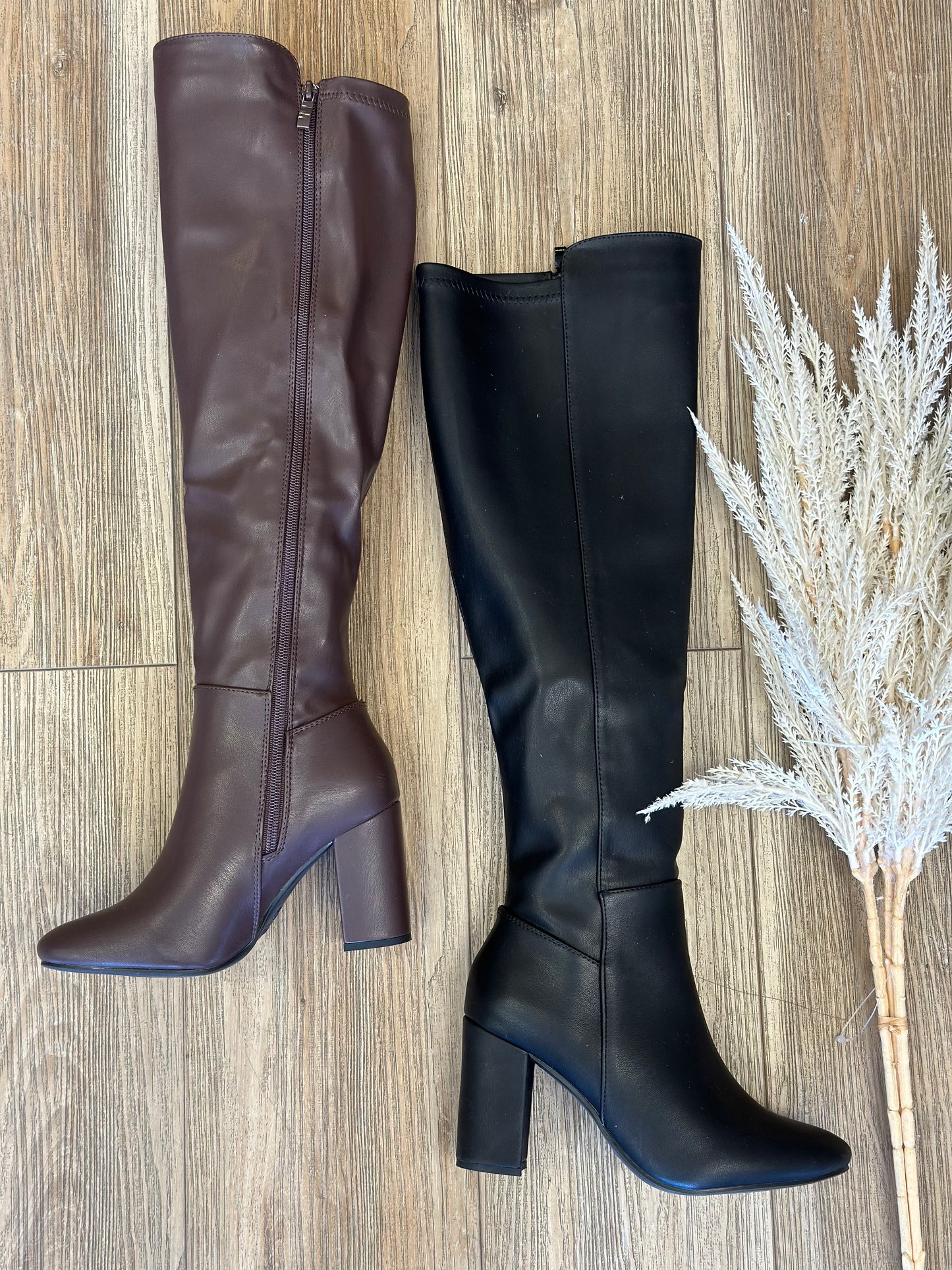Faux Leather Knee Length Pointed Boots