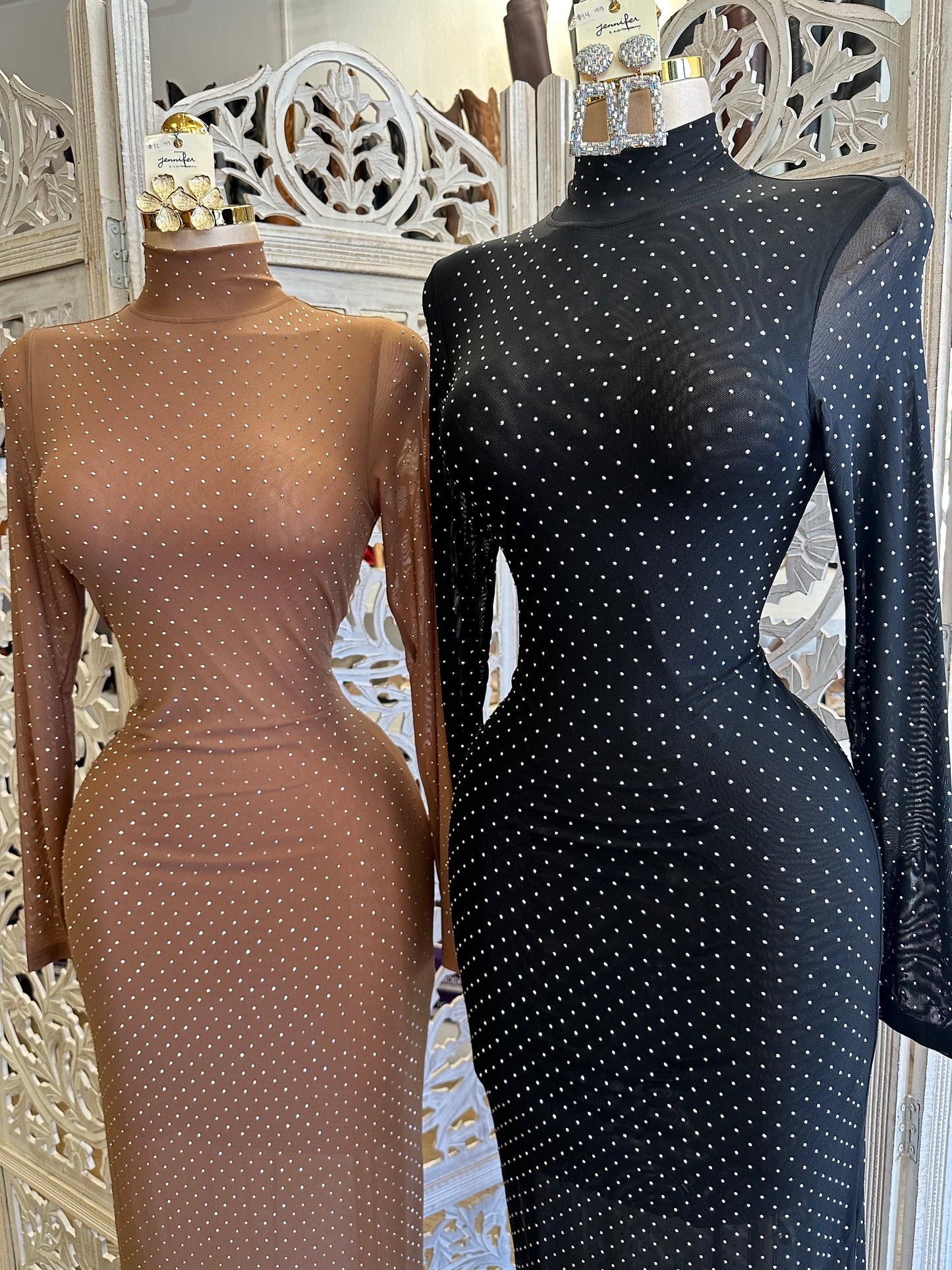 Rhinestone Mock Neck Maxi Dress- Estira, Stretchy