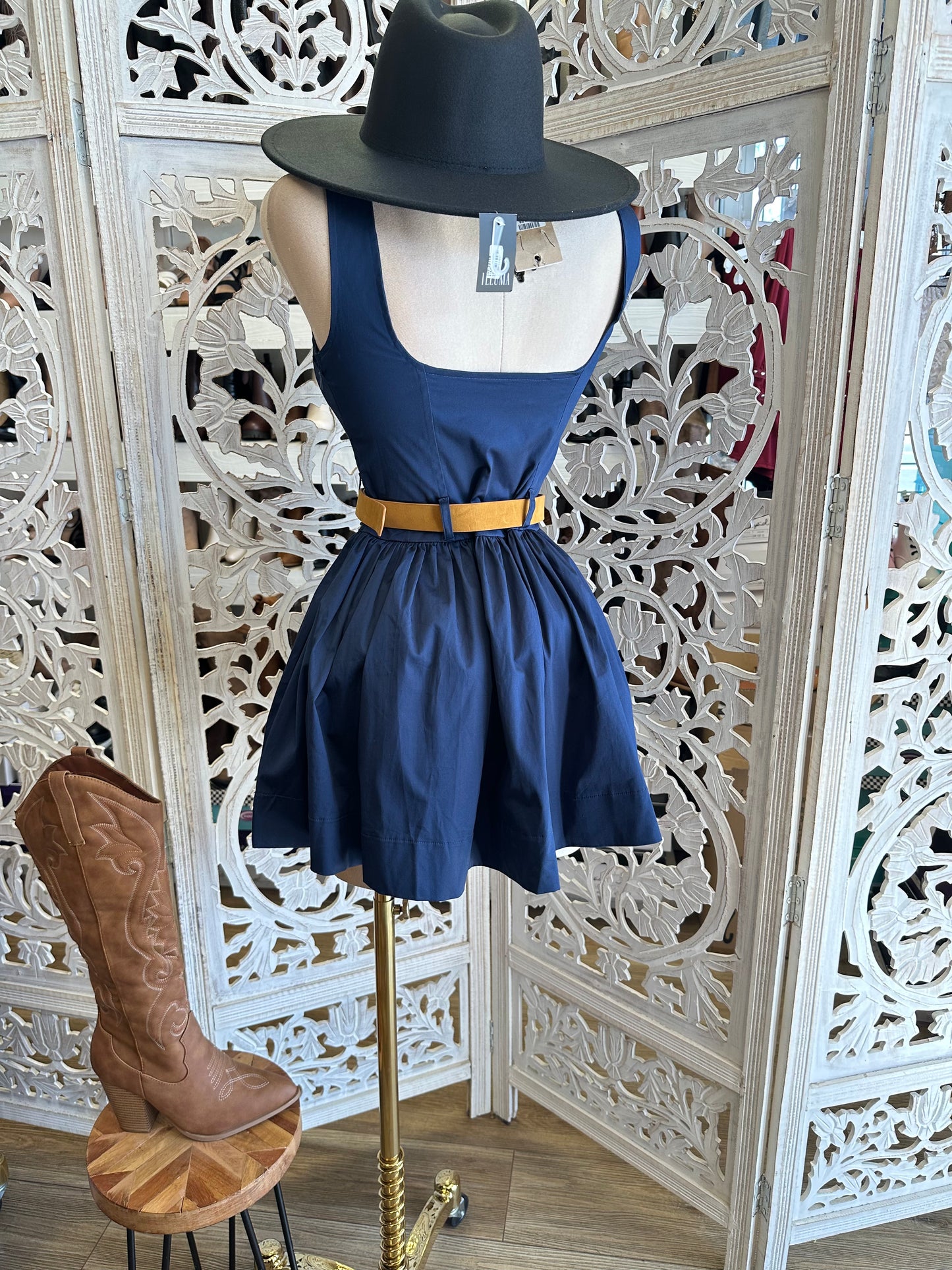 Navy Puff Mini Dress- Not Stretchy,No Estira