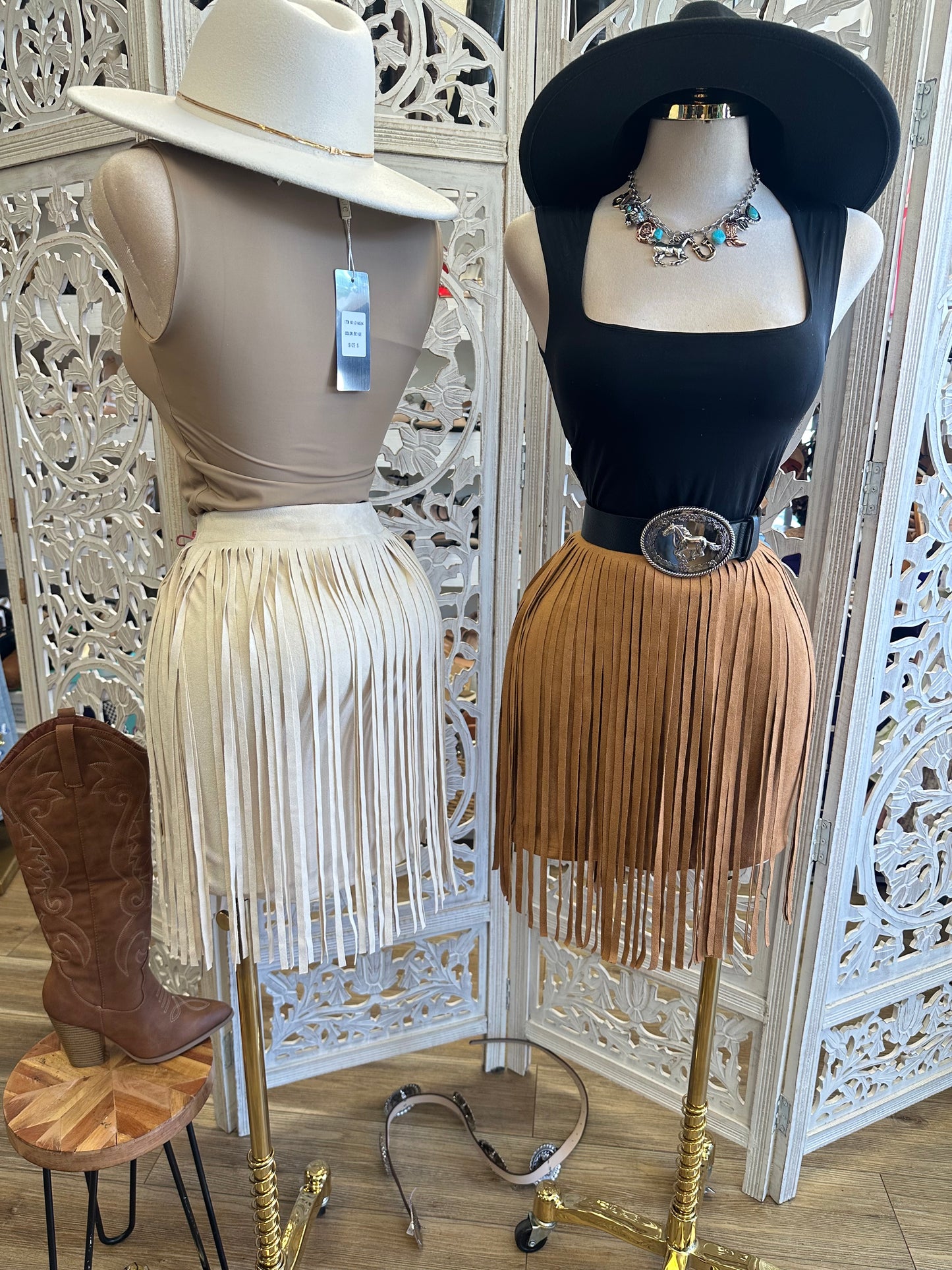 Suede Fringe Mini Skirt-  Stretchy , Estira
