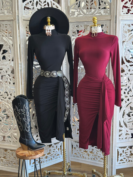 Mock Neck Knotted Dress- Stretchy,Estira