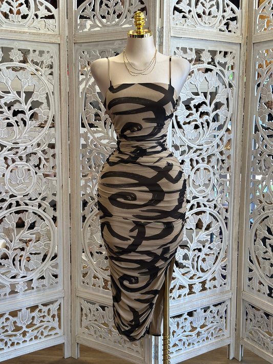 Cami Beige Pattern Dress- Stretchy , Estira