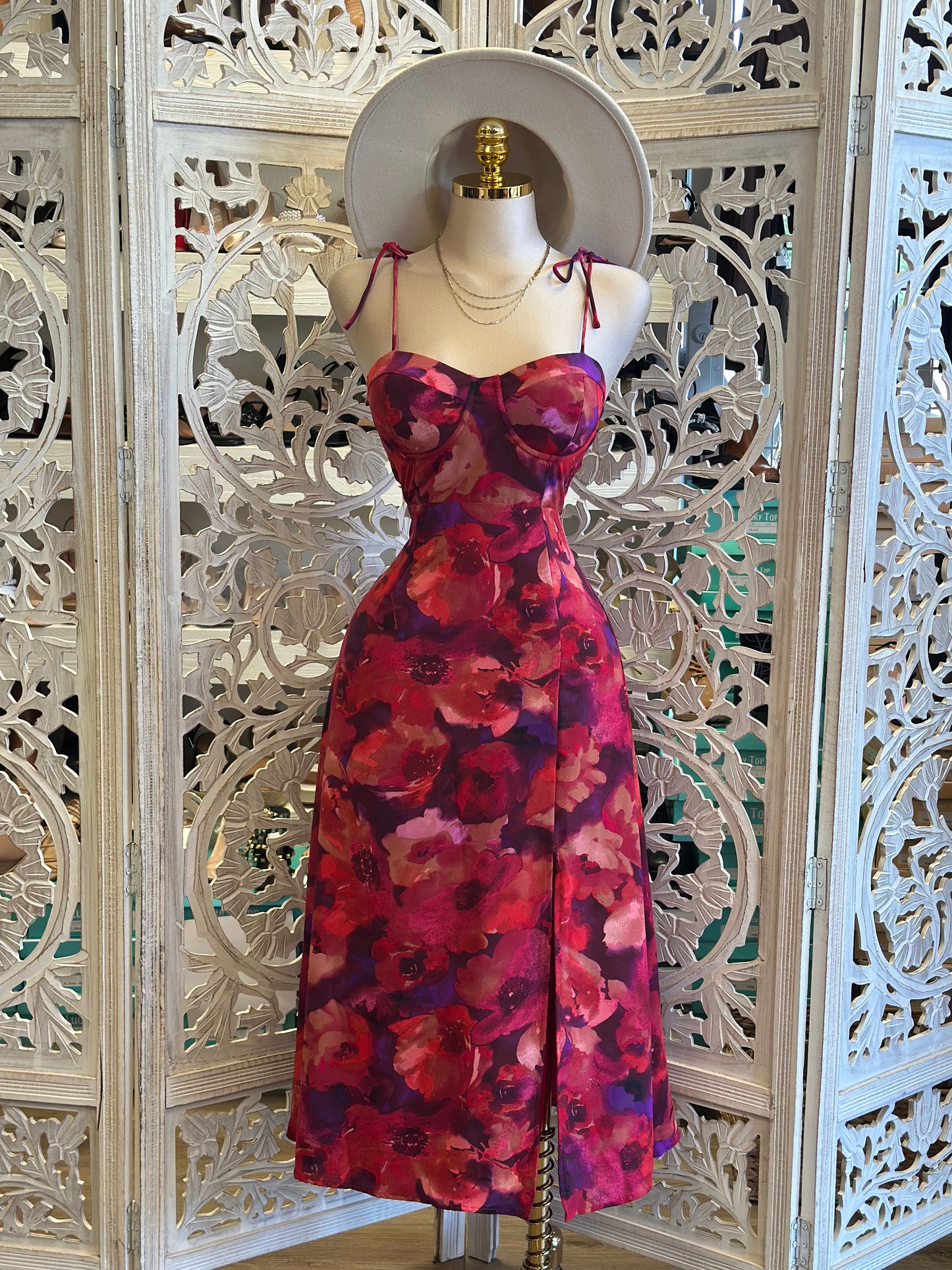 Floral Deep Color Midi Dress-No Estira, Not Stretchy
