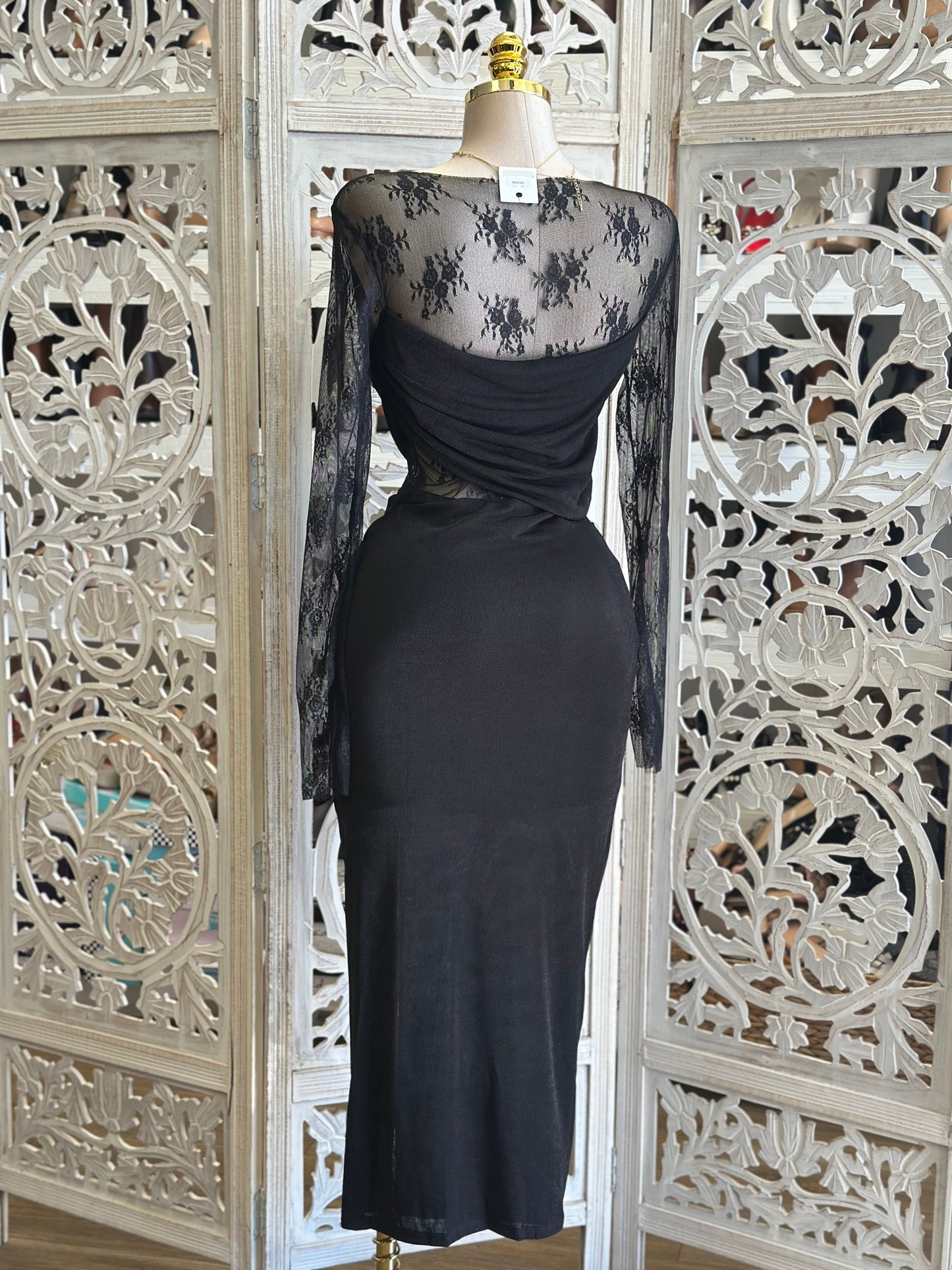 Mesh Floral Black Dress- Stretchy,Estira