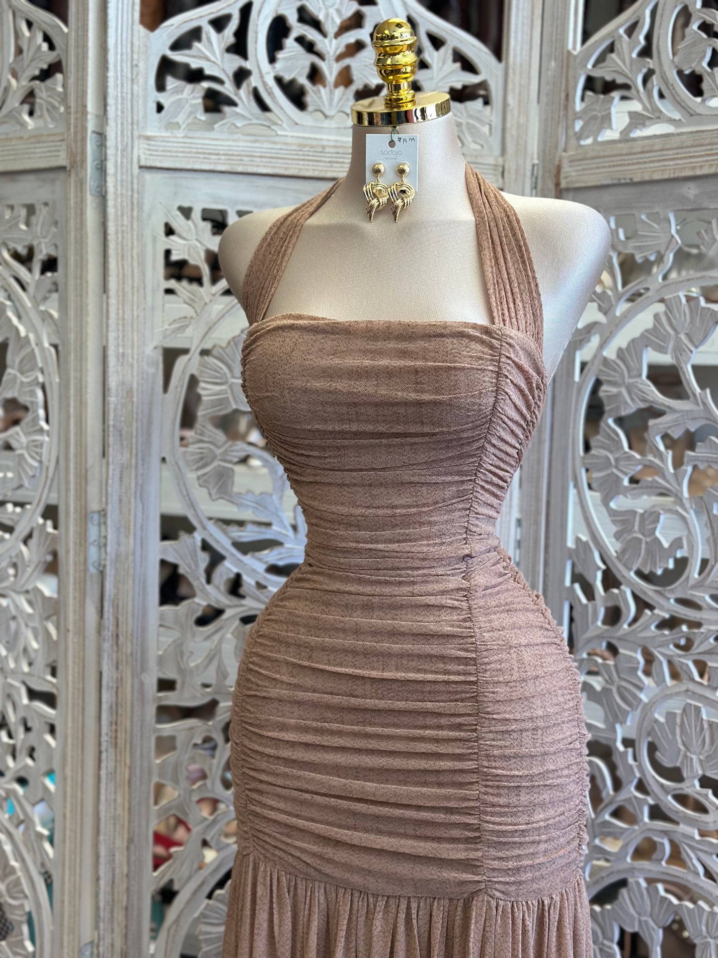 Ruched Tie Back Maxi Dress - Estira, Stretchy