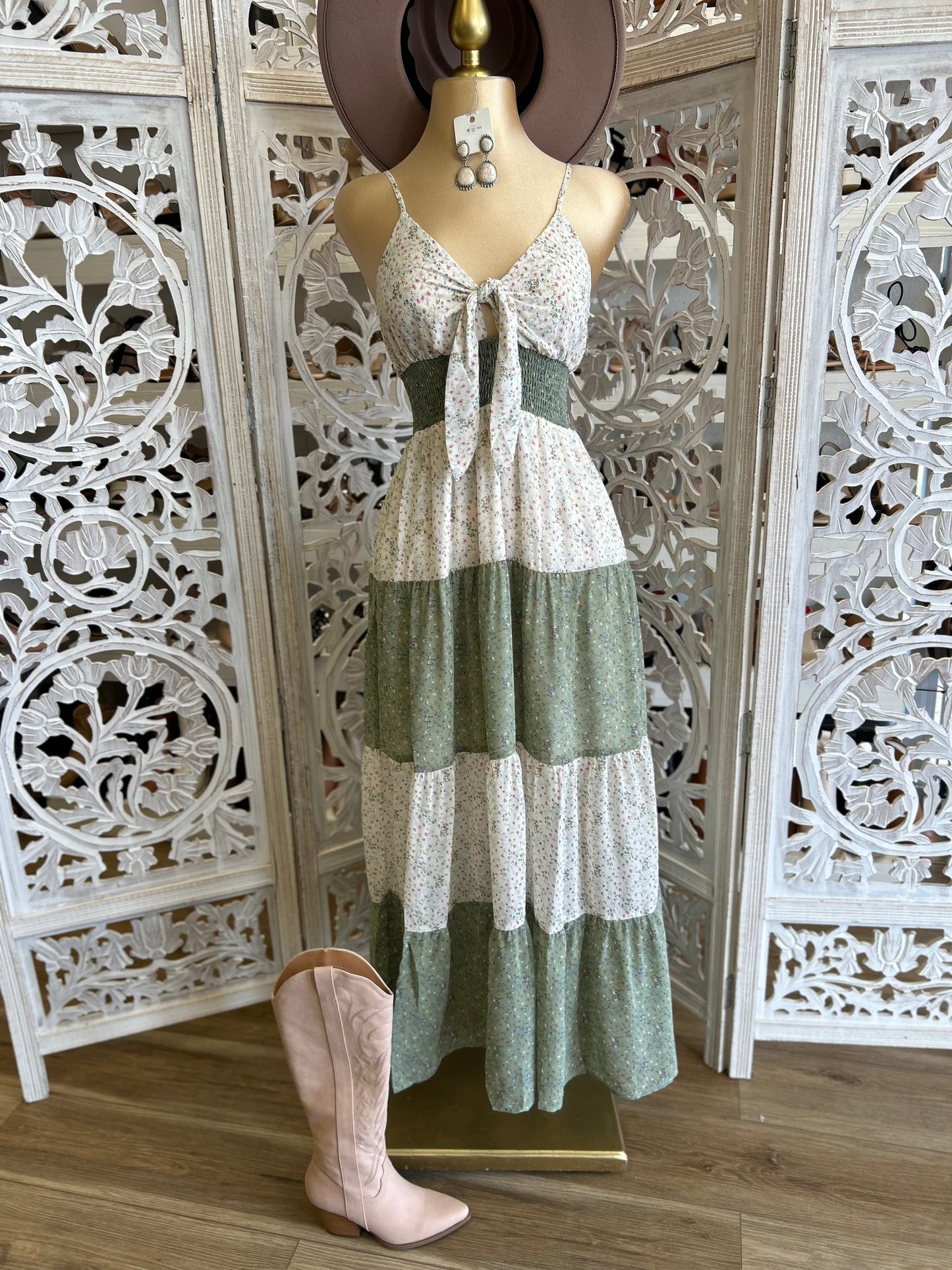 Bow Olive Multi Color Floral Maxi Dress- Not Stretchy