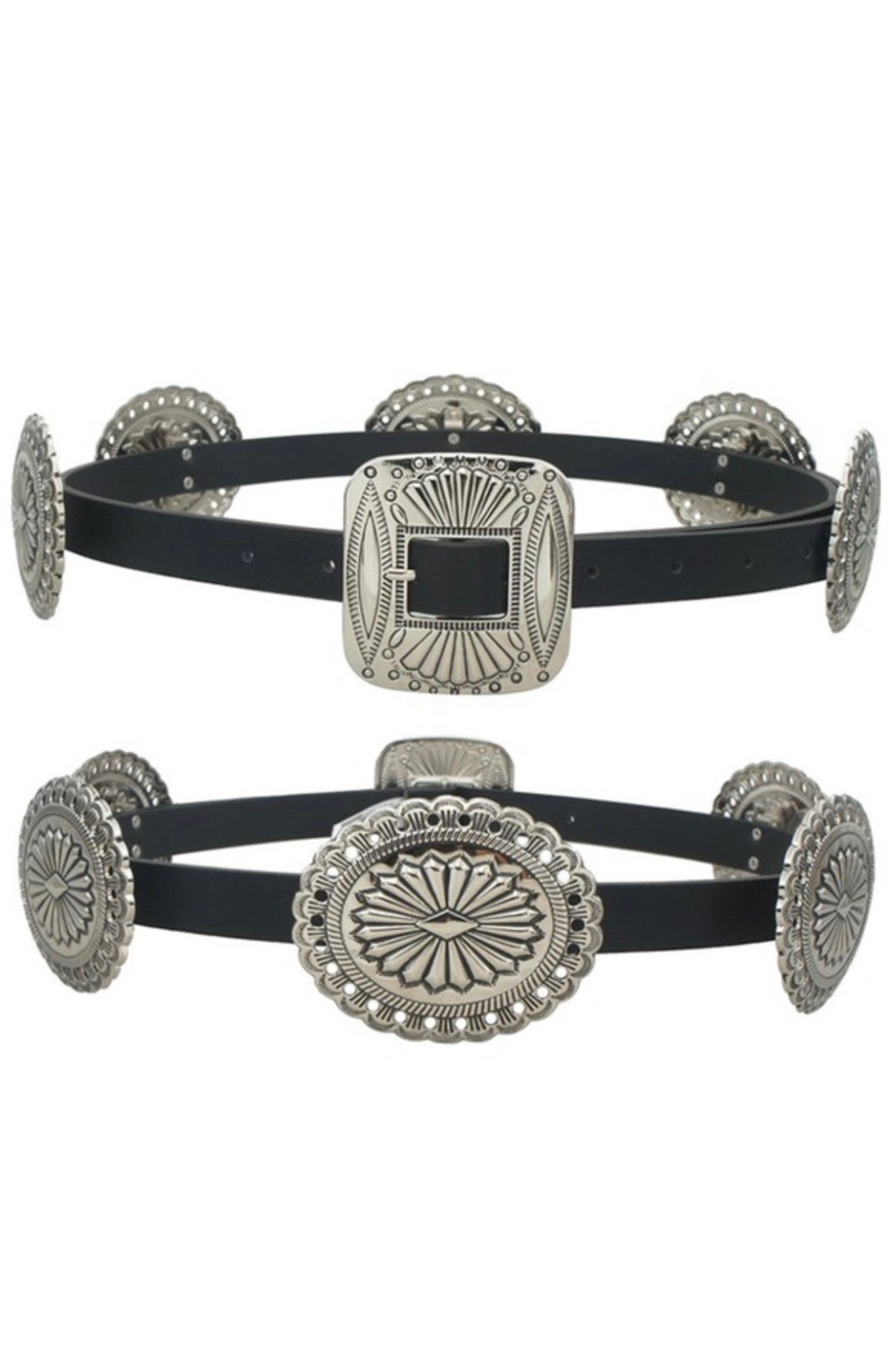 Multi Buckle Black Faux Leather Chain Belt