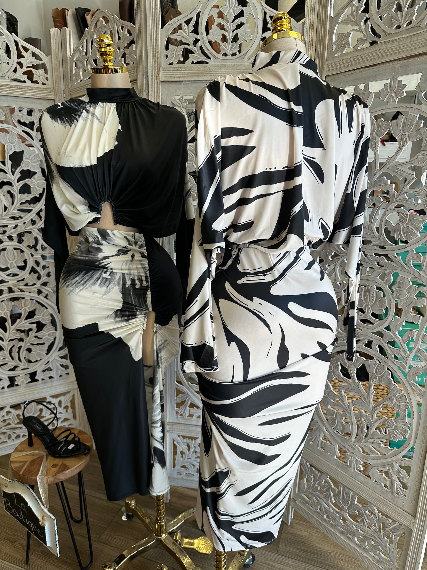 Multi Pattern Draped Top and Skirt Set - Stretchy, Estira