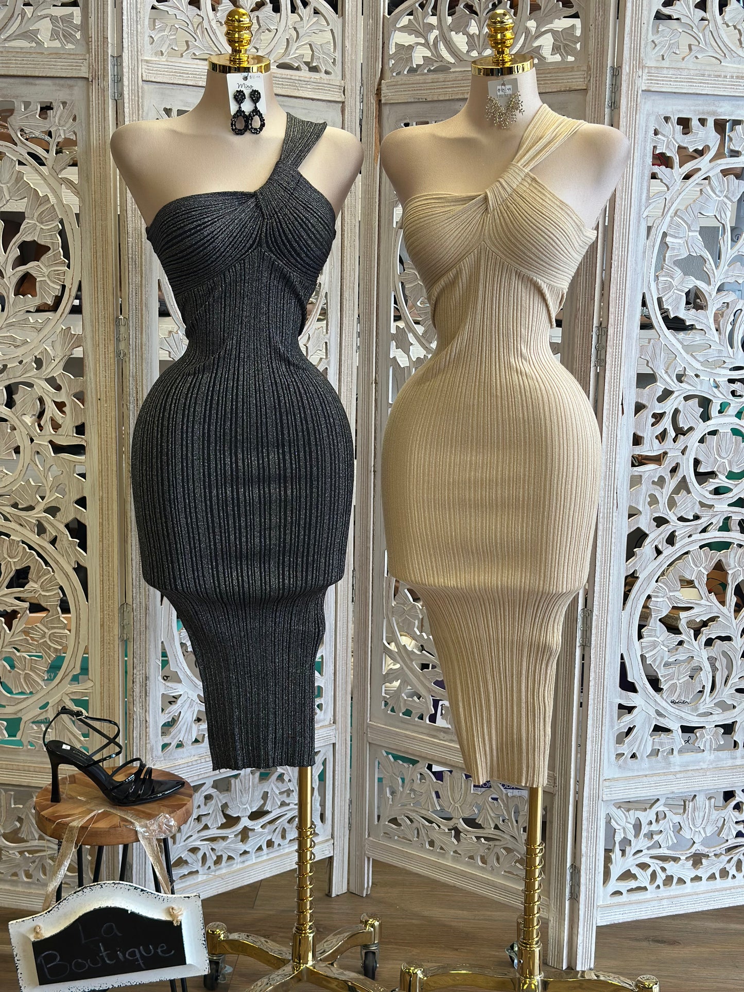 Ribbed One Sleeve Dress- Stretchy,Estira