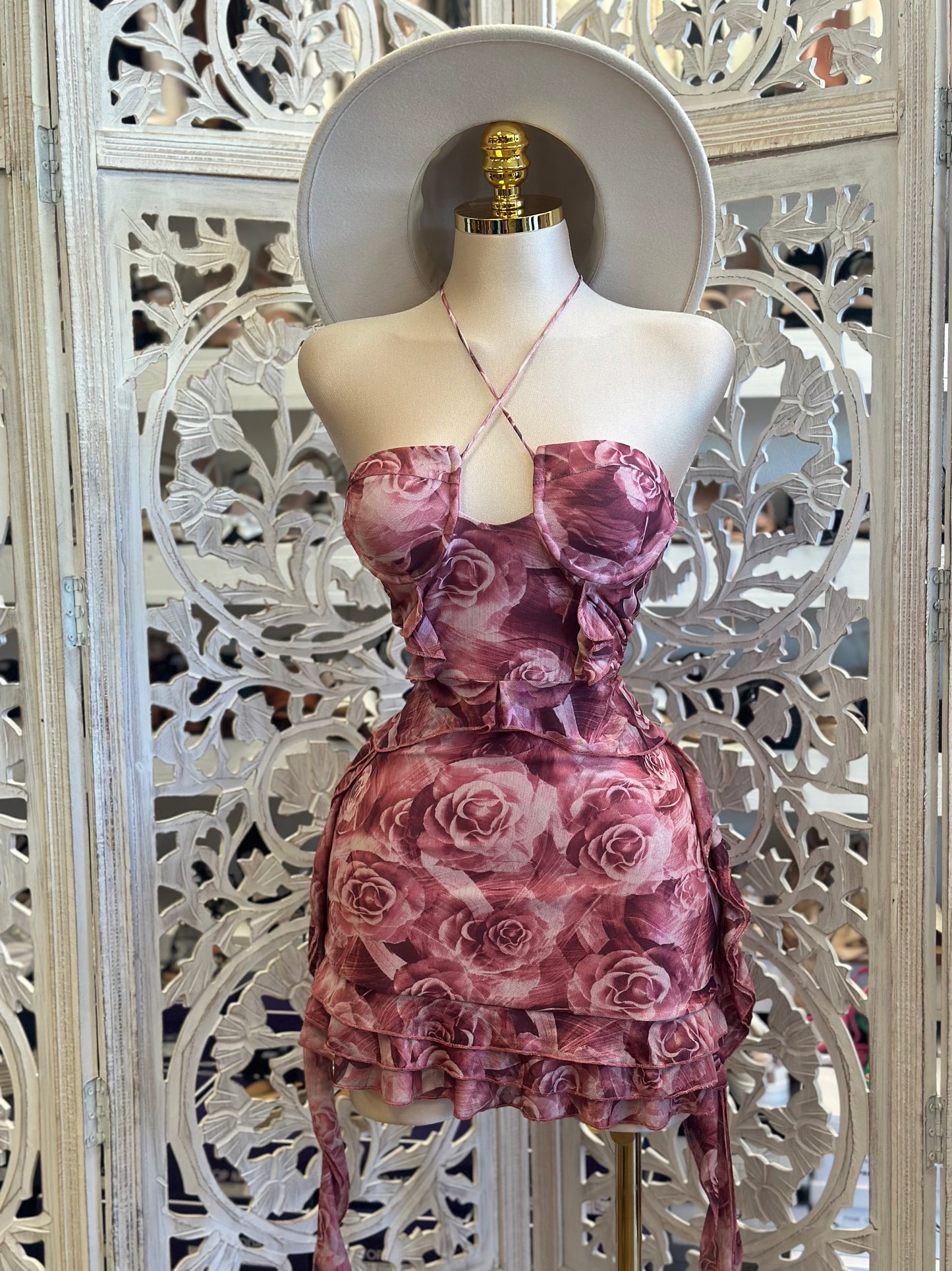 Rose Print Crossed Mini Dress- Stretchy, Estira