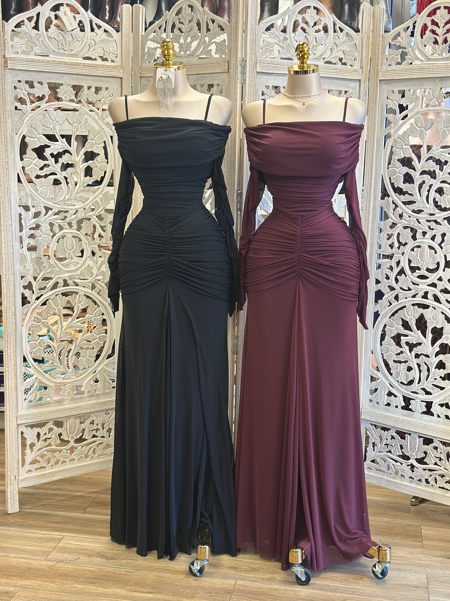 Ruched Off Shoulder Maxi Dress- Stretchy,Estira