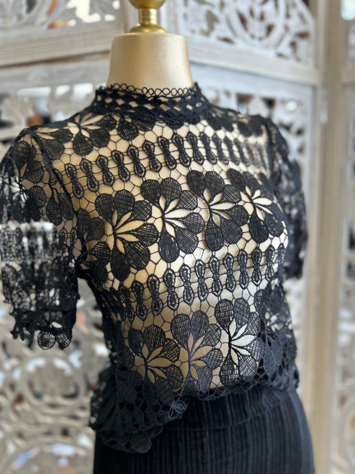 Black Mock Neck Crochet Blouse