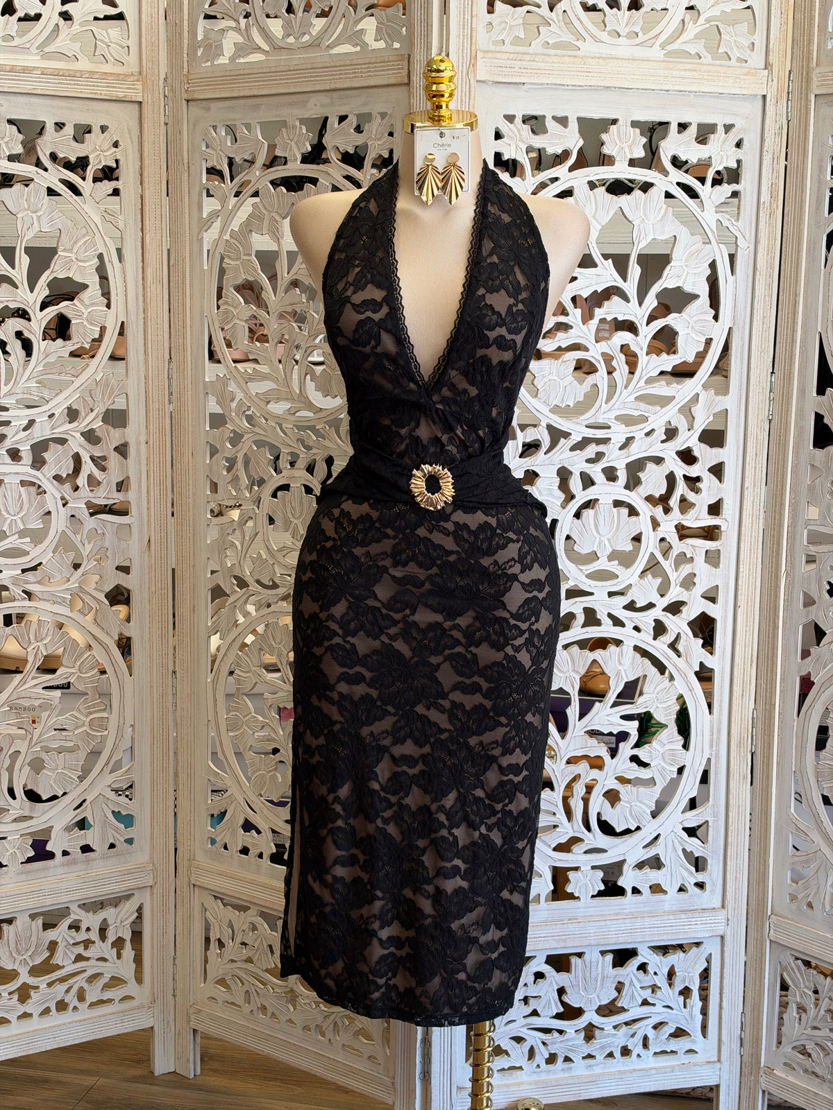 Amara Brooch Midi Dress- Estira , Stretchy