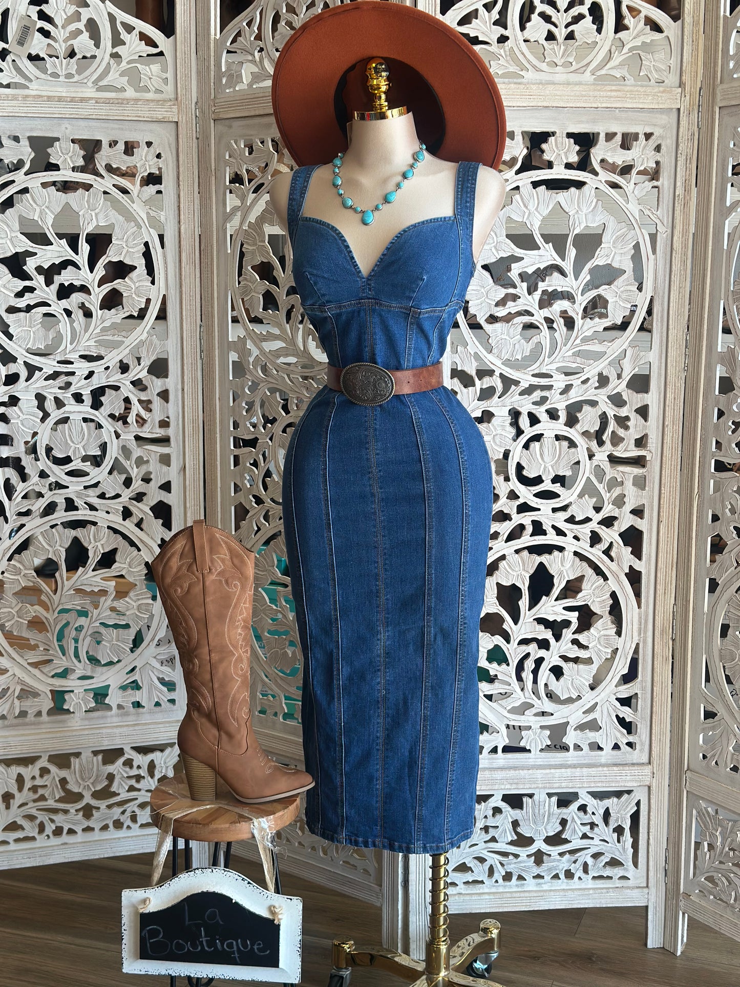 Denim Heartline Midi Dress- Stretchy,Estira