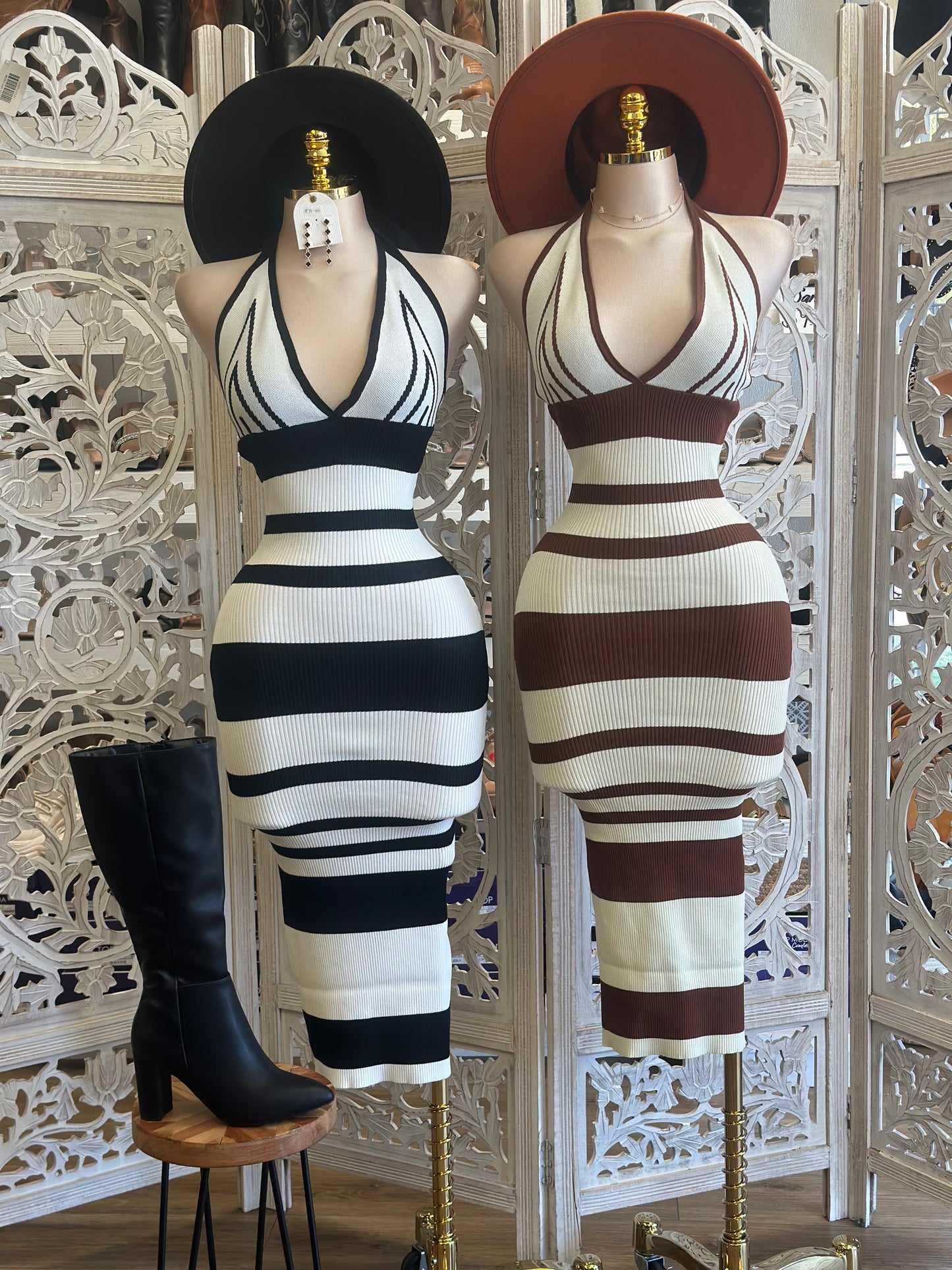 V Striped Ribbed Sweater Mock Neck Dress- Stretchy