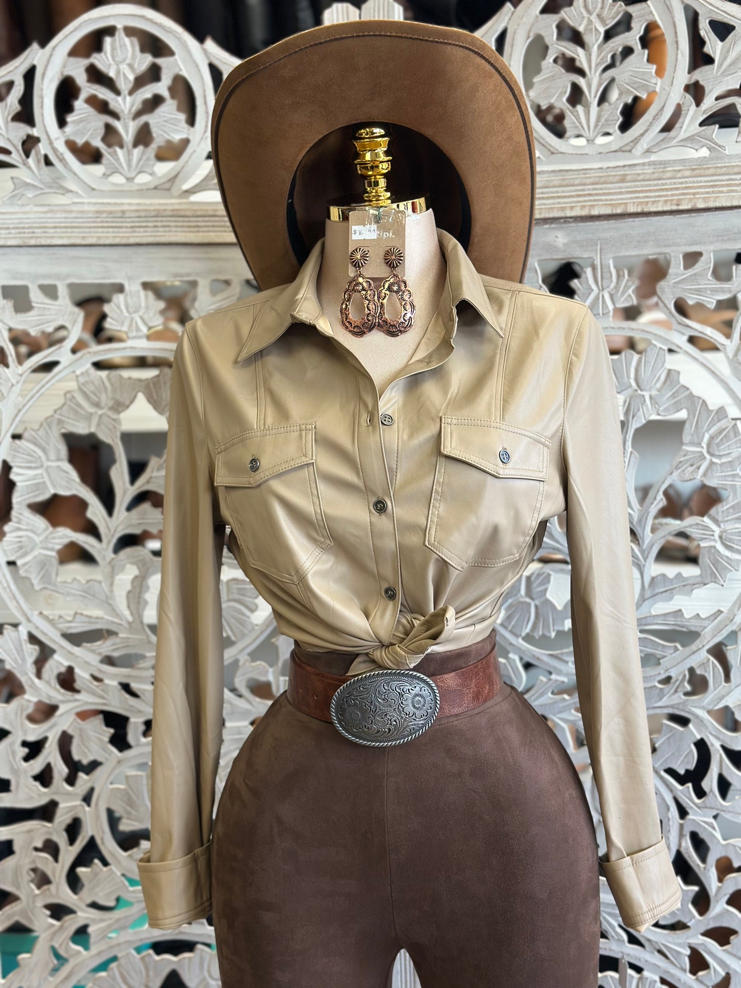 Beige Faux Leather Button Up Blouse- Estira, Stretchy
