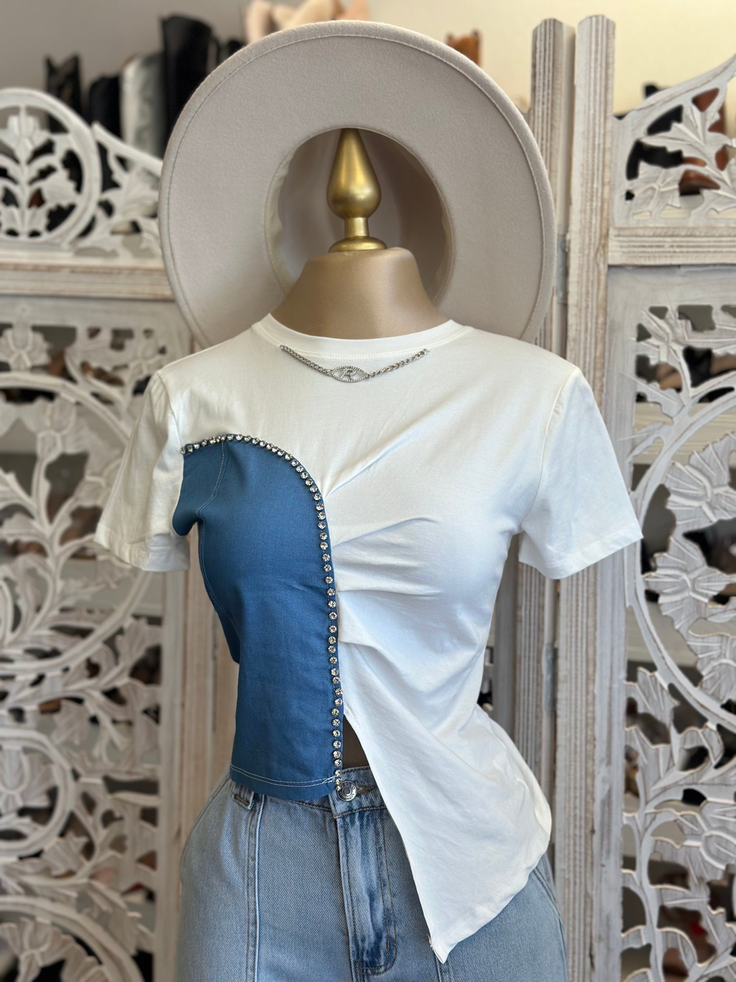 Denim Cutout Split T Shirt - Estira, Stretchy