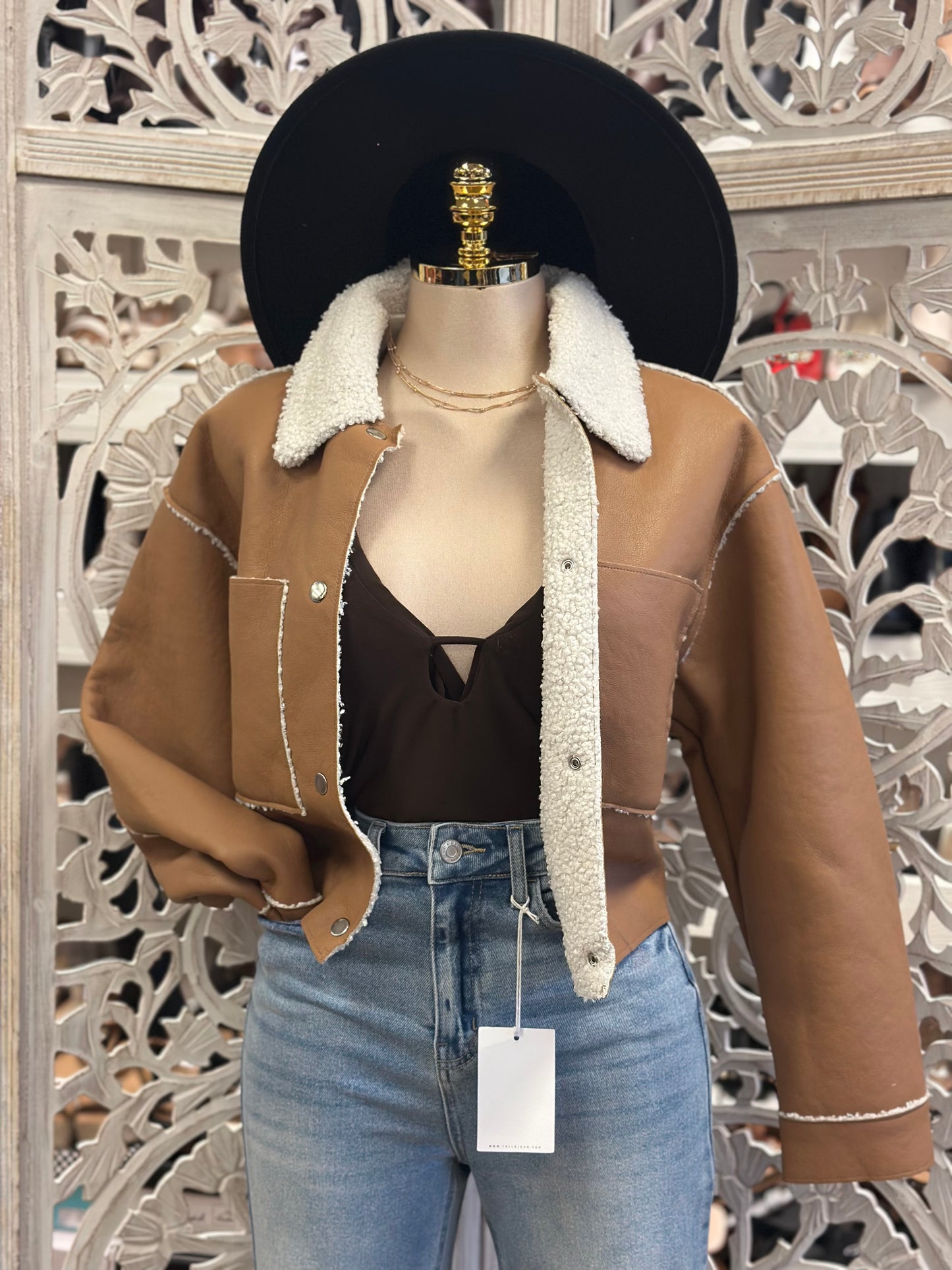 Brown Plush Neck Suede Jacket