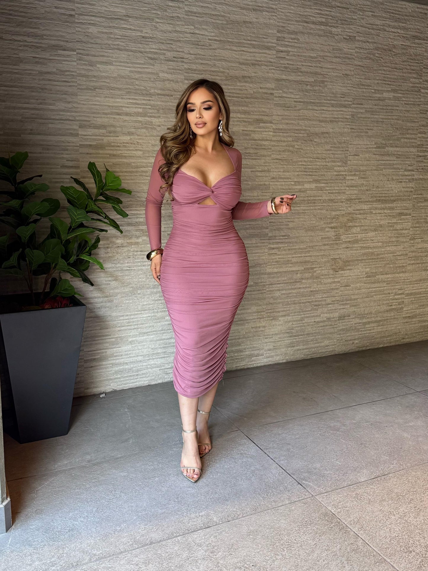 Mauve Pink Mesh Sleeve Cutout Dress-Stretchy,Estira