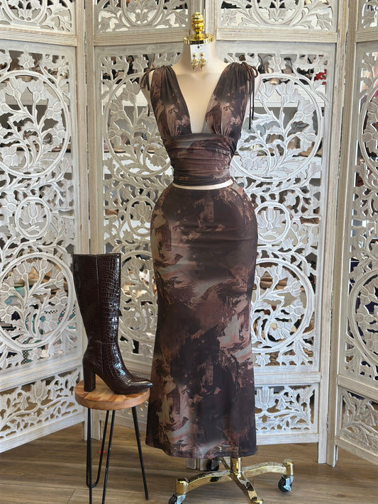 Brown Brushed Pattern Set- Estira,Stretchy