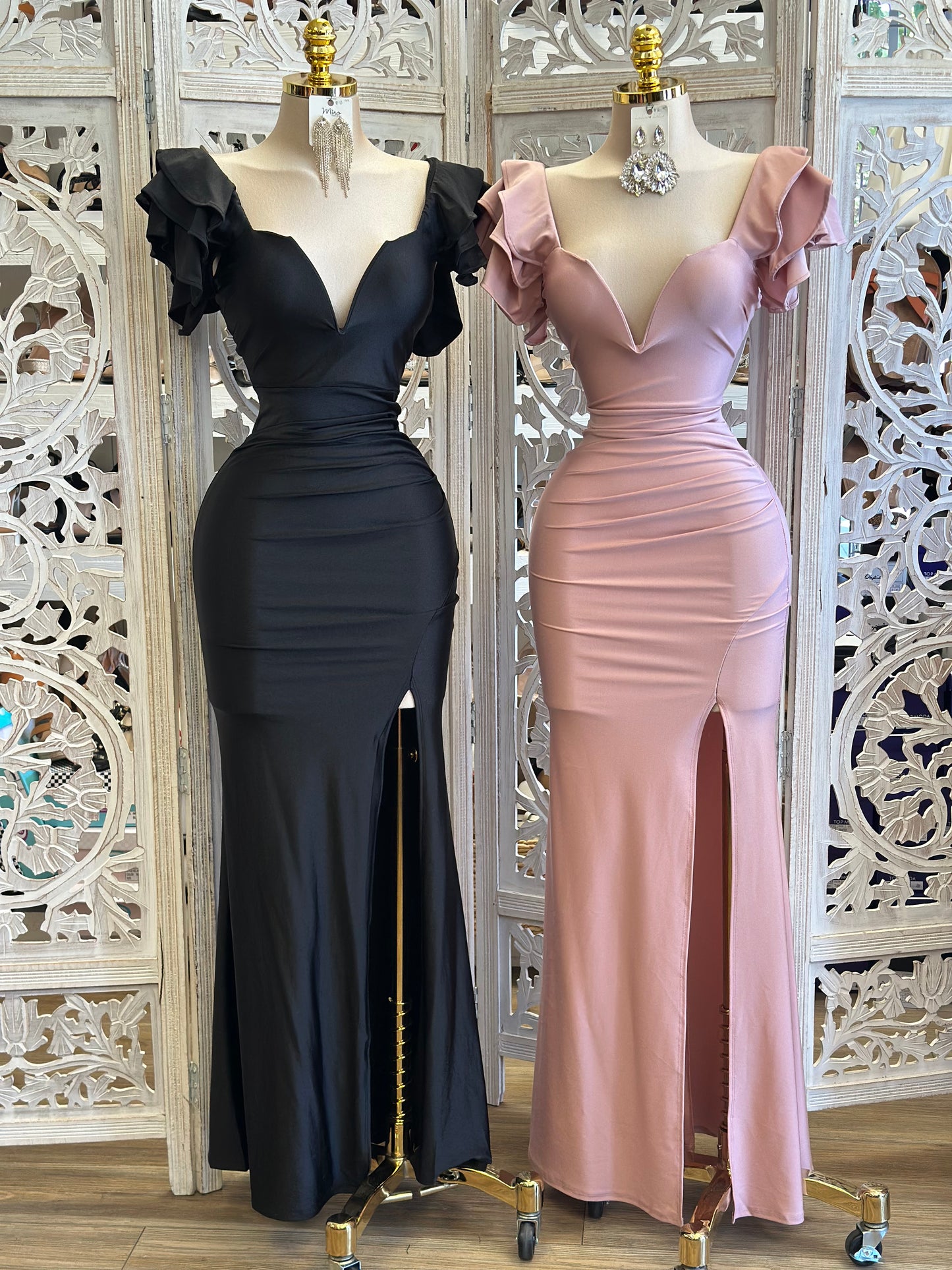 Ruffle Sleeve Heartline Maxi Dress - Estira, Stretchy