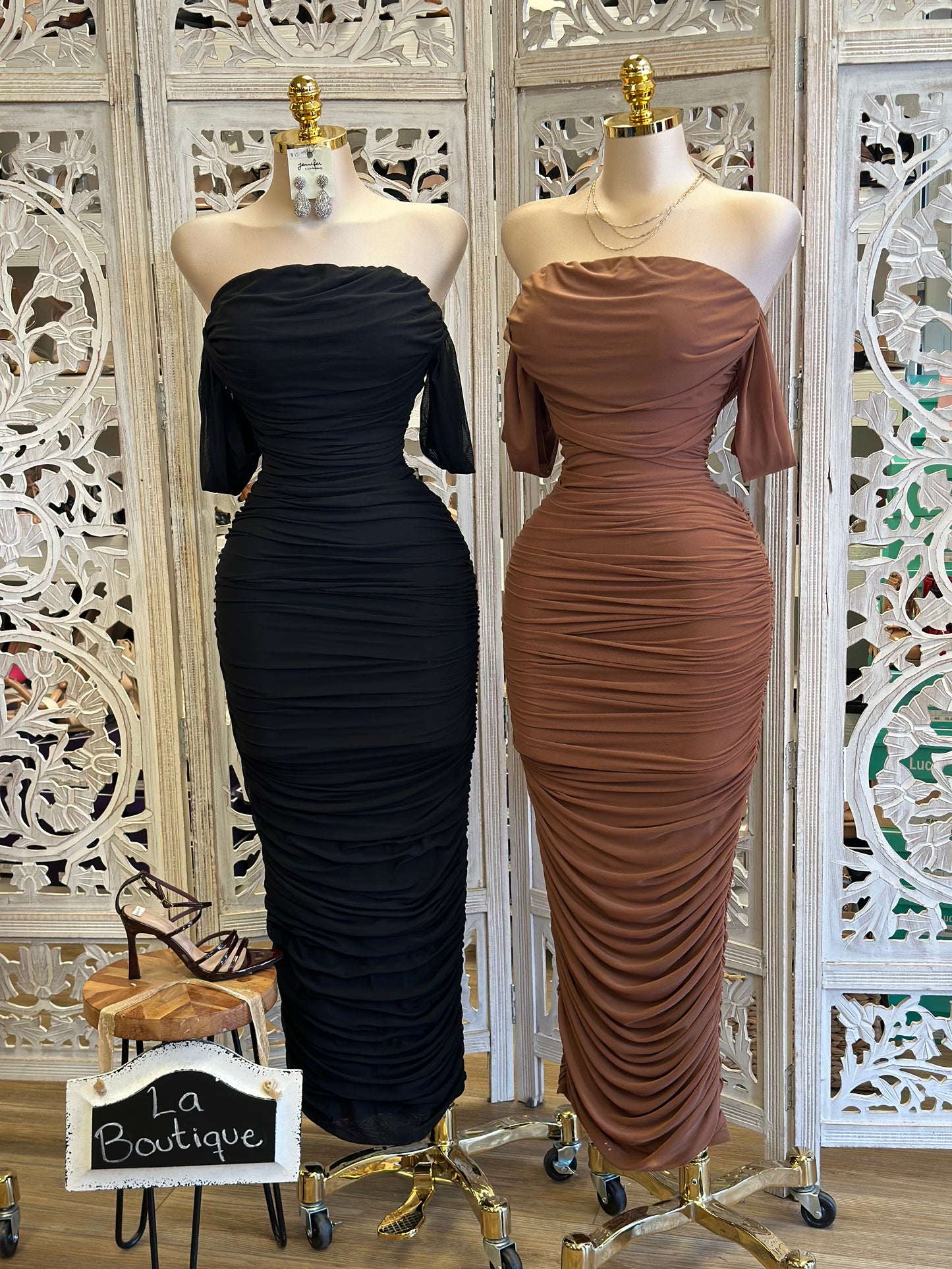 Shoulder Ruched Mesh Dress- Stretchy,Estira