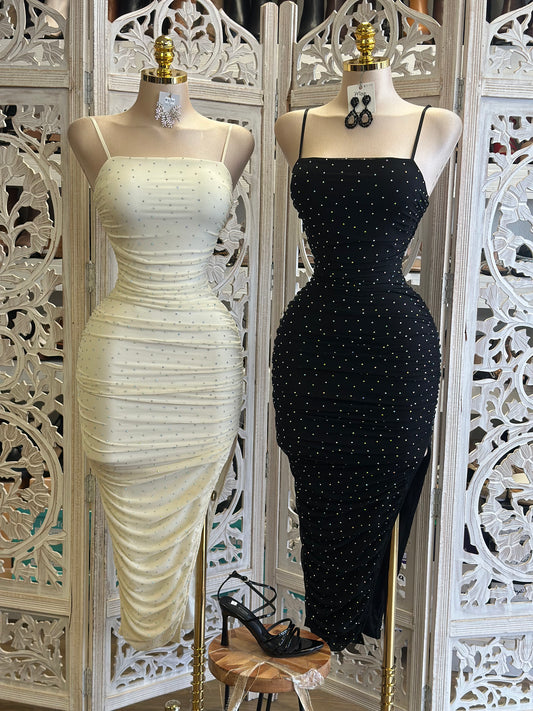 Rhinestone Cami Ruched Dress- Stretchy,Estira