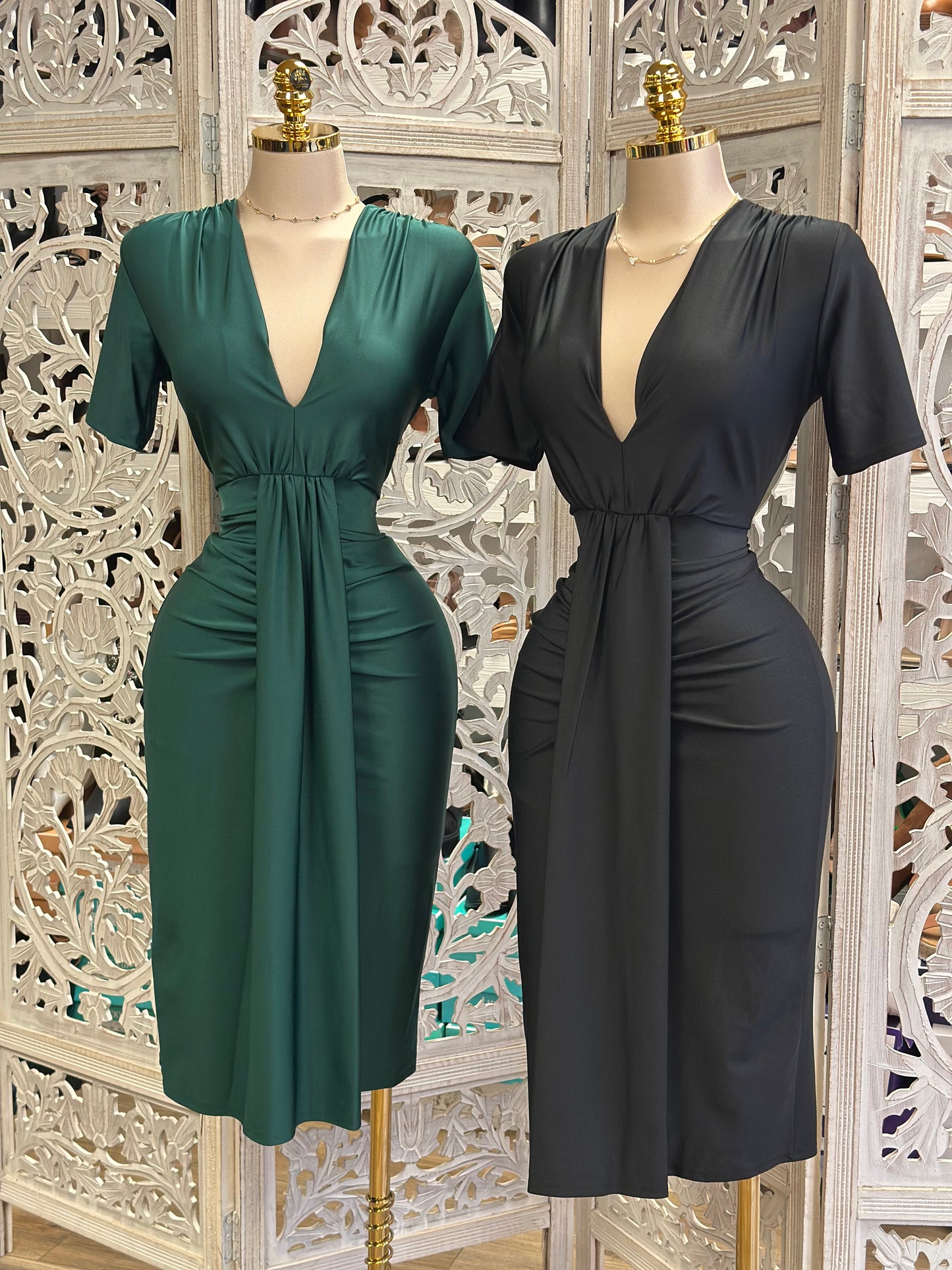 Deep V Midi Dress- Stretchy ,Estira