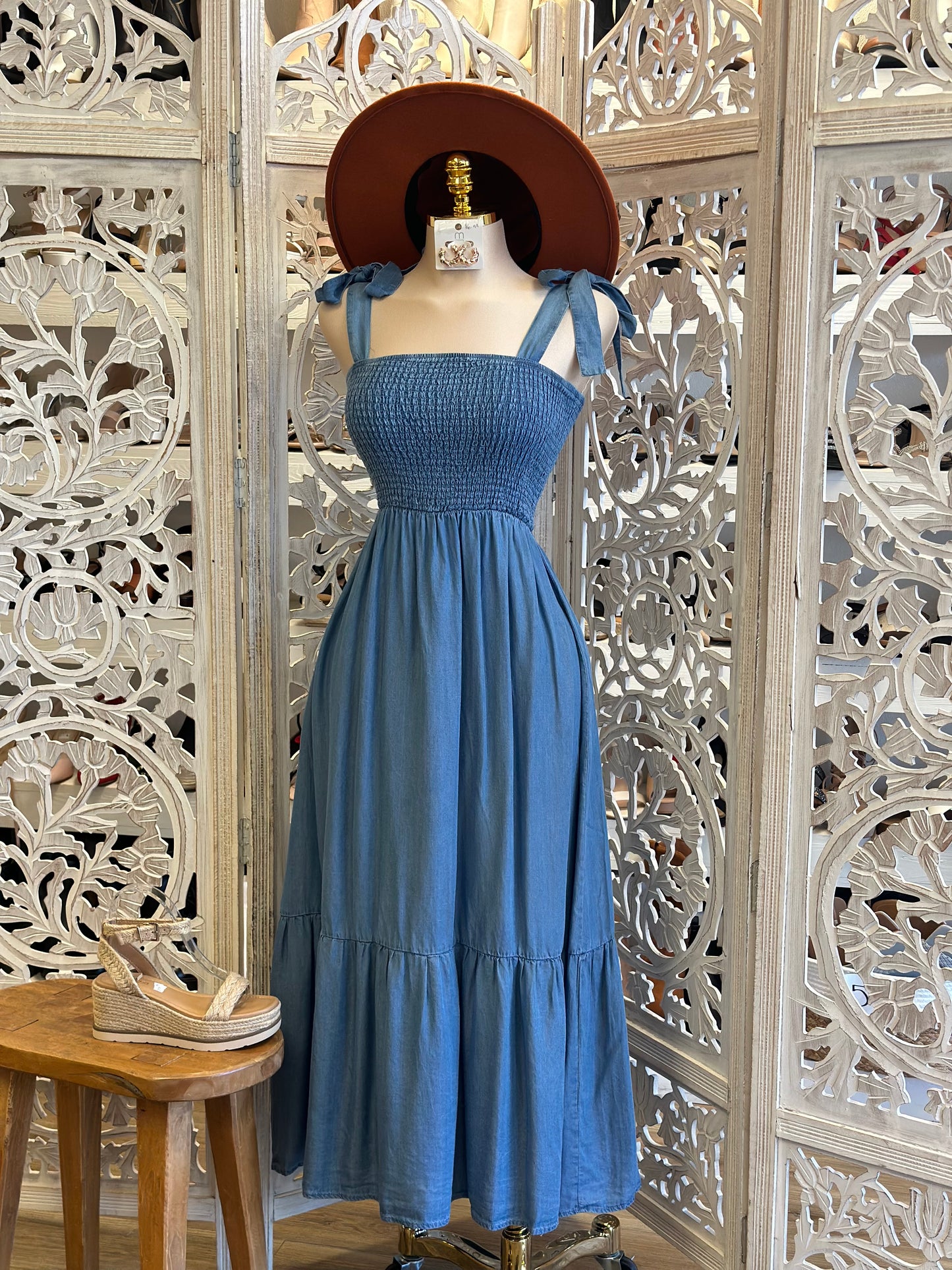 Smocked Denim Maxi Dress- Estira, Stretchy