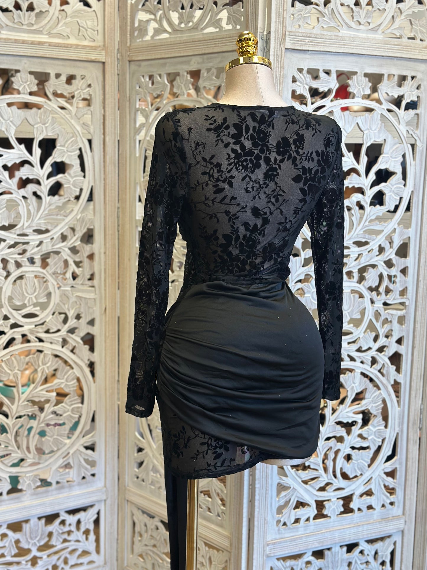 Mesh Floral Black Mini Dress- Stretchy,Estira