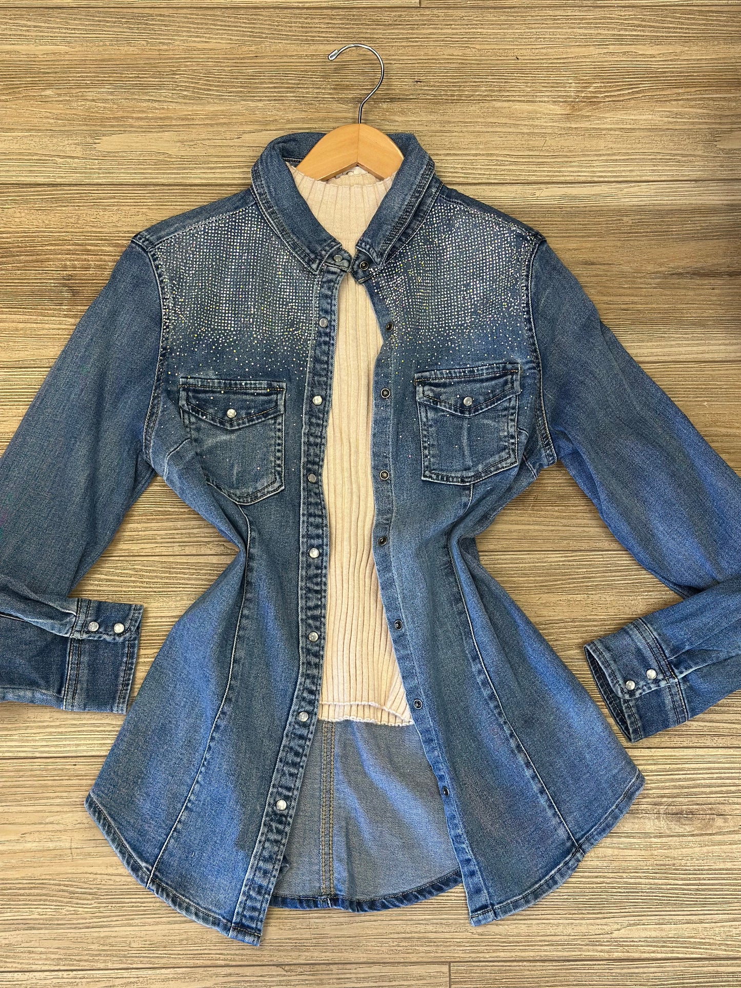 Rhinestone Denim Light Jacket Button Up